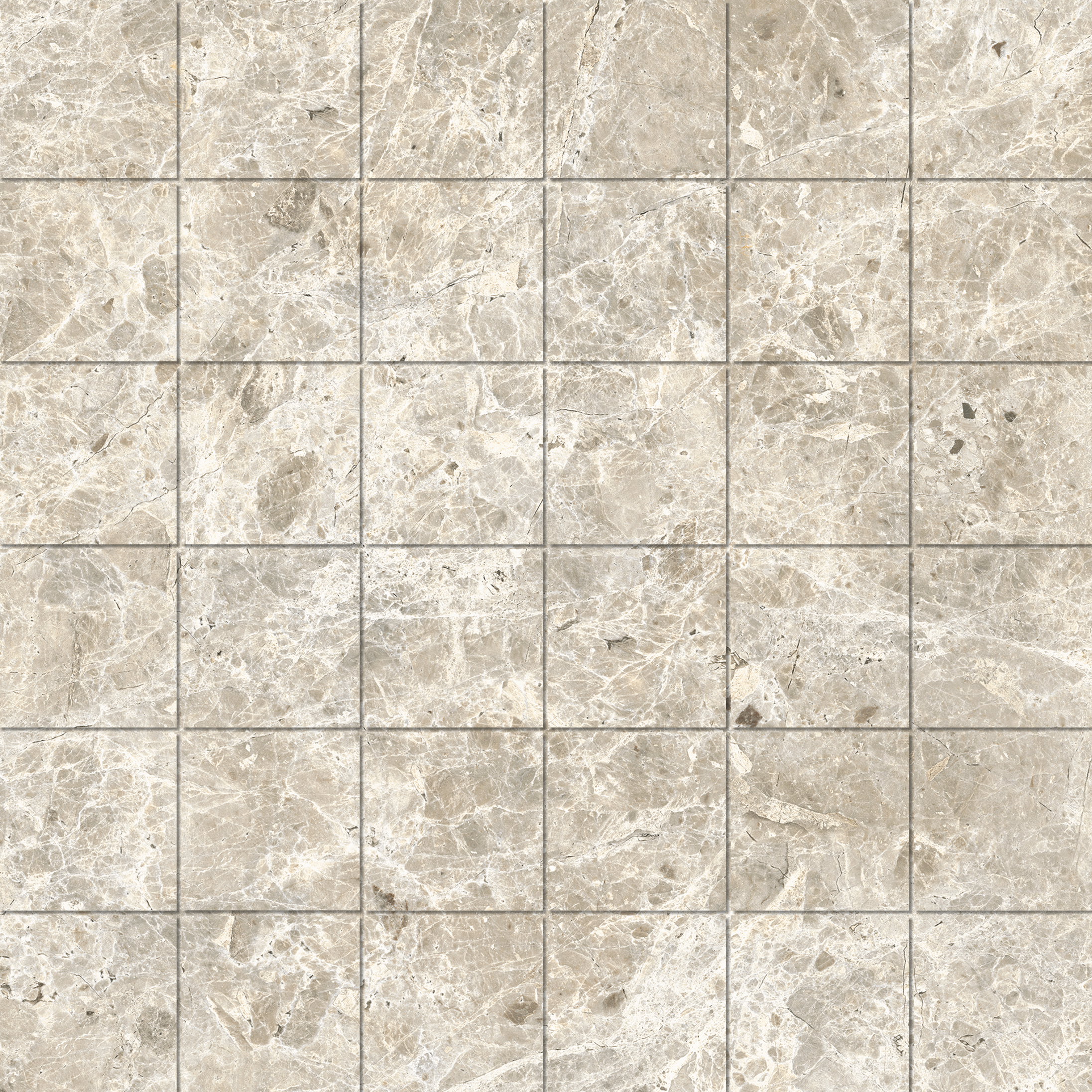 Mos. 4,7x4,7 Estro Cream Carrelage haut de gamme aspect marbre clair, beige-gris avec veinage fin.