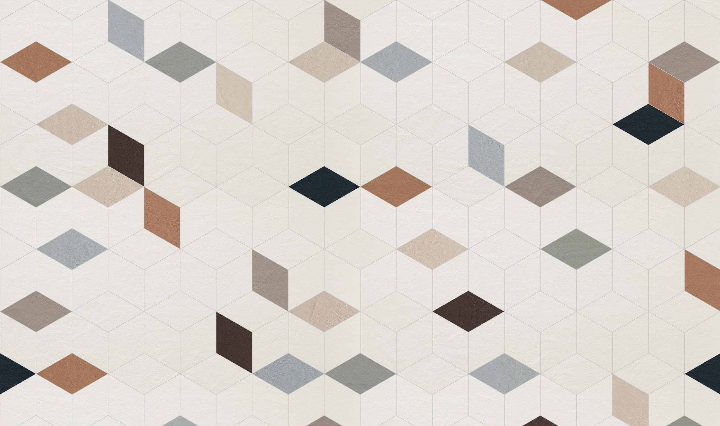 Motif abstrait de carreaux avec des losanges en beige, marron, gris et bleu foncé.