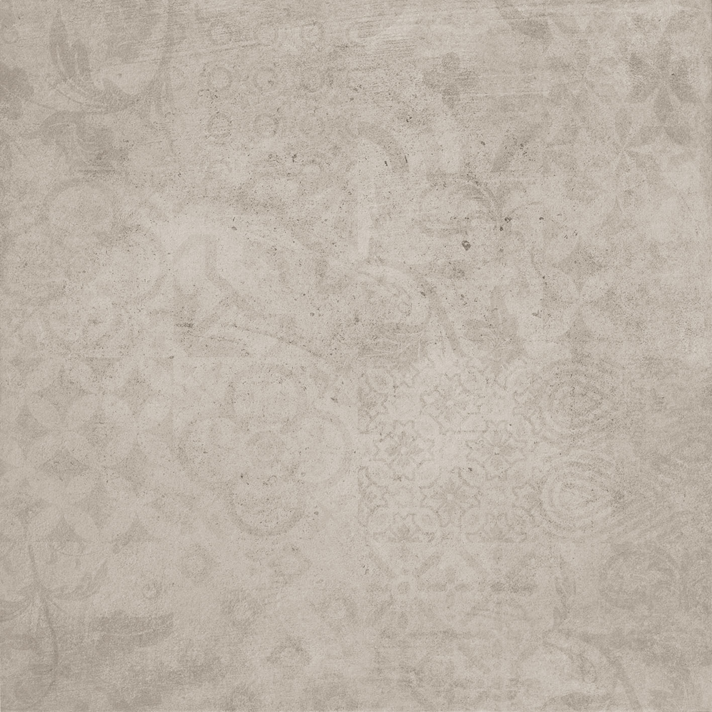 : Carrelage Porcelaingres gris-beige, motifs ornementaux discrets, effet usé.