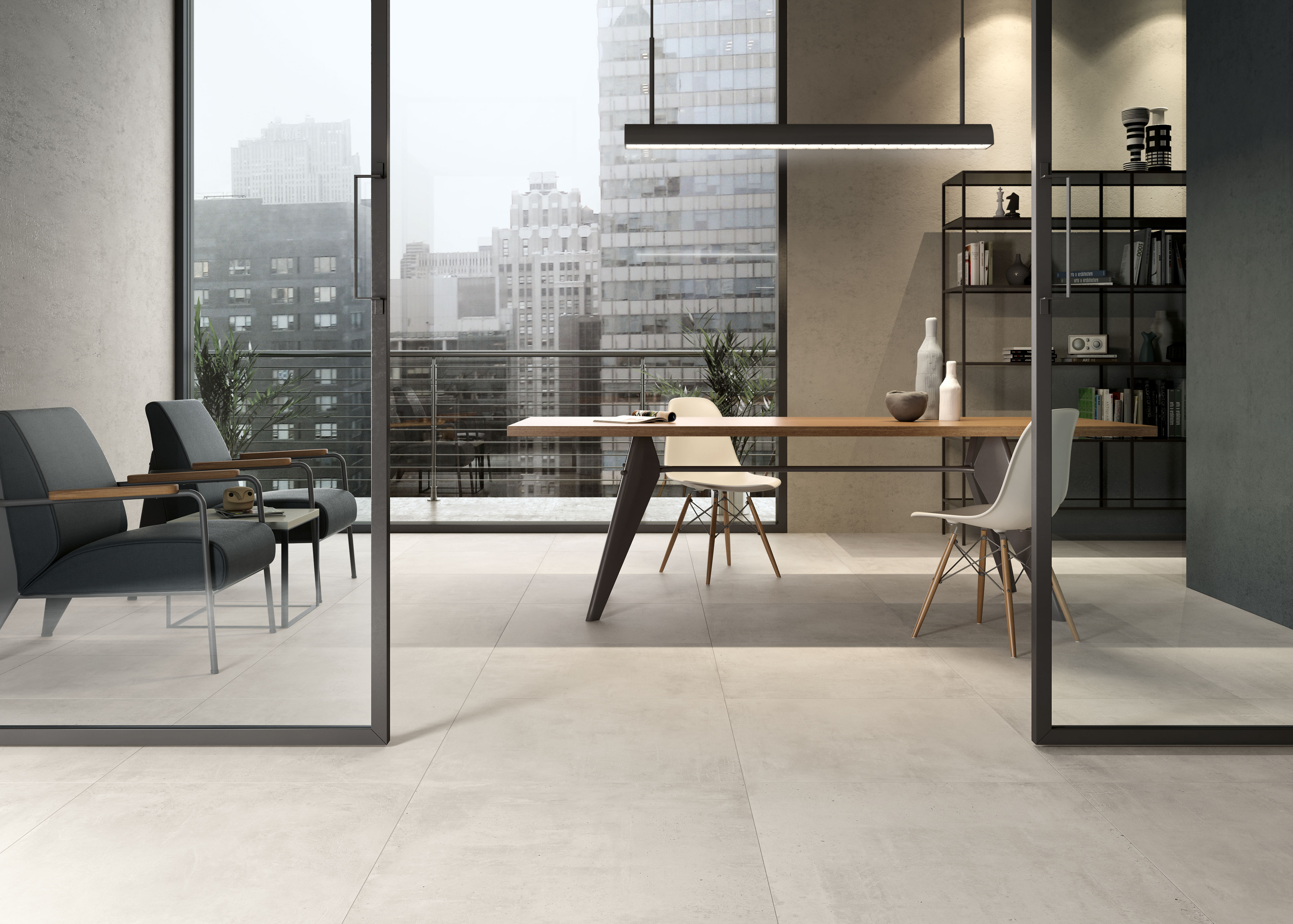 Weiße Betonfliesen im Büro, white concrete effect tiles for the office