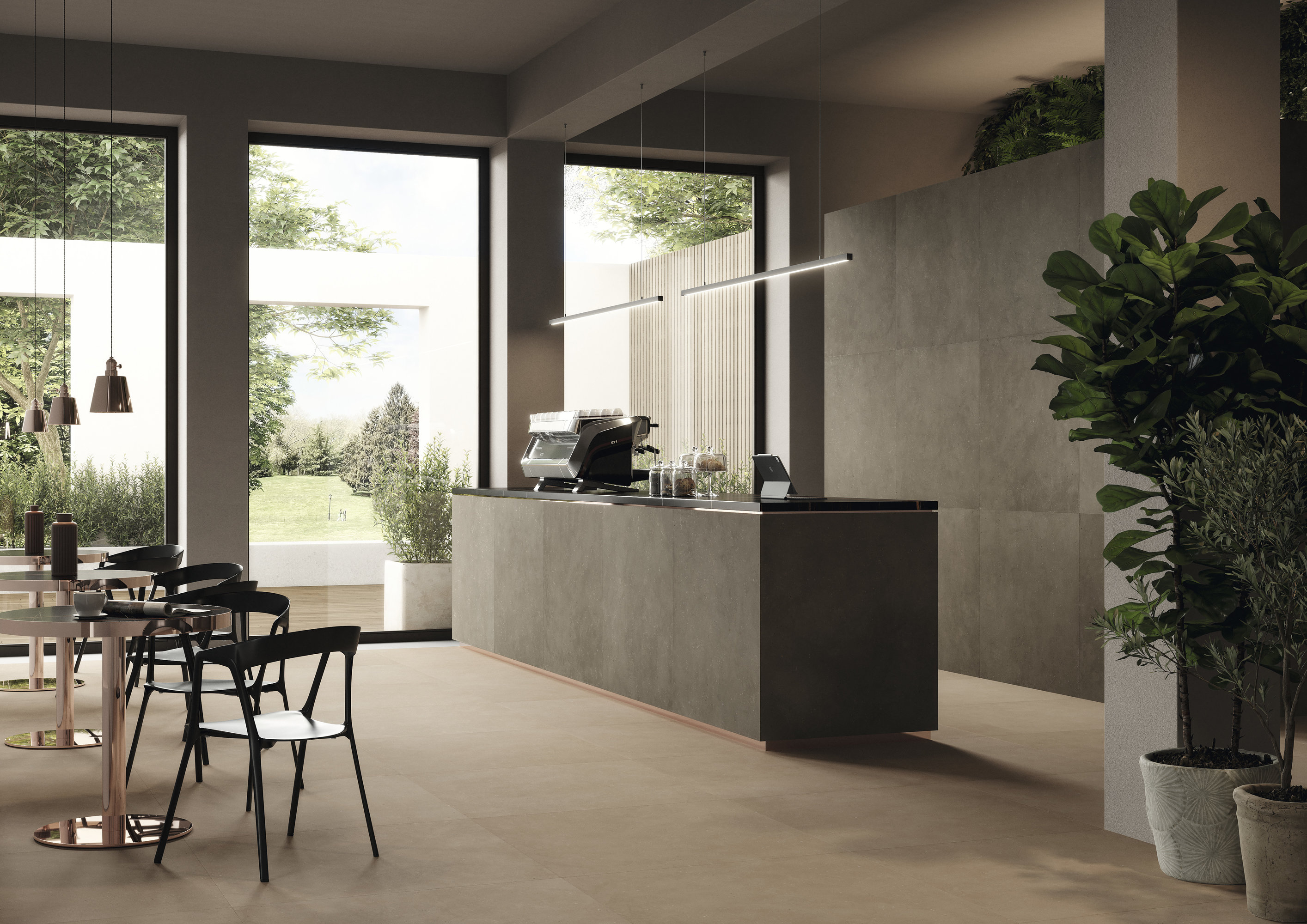 Porcelaingres : Sol et revêtement de comptoir élégants pour café moderne, vue jardin.