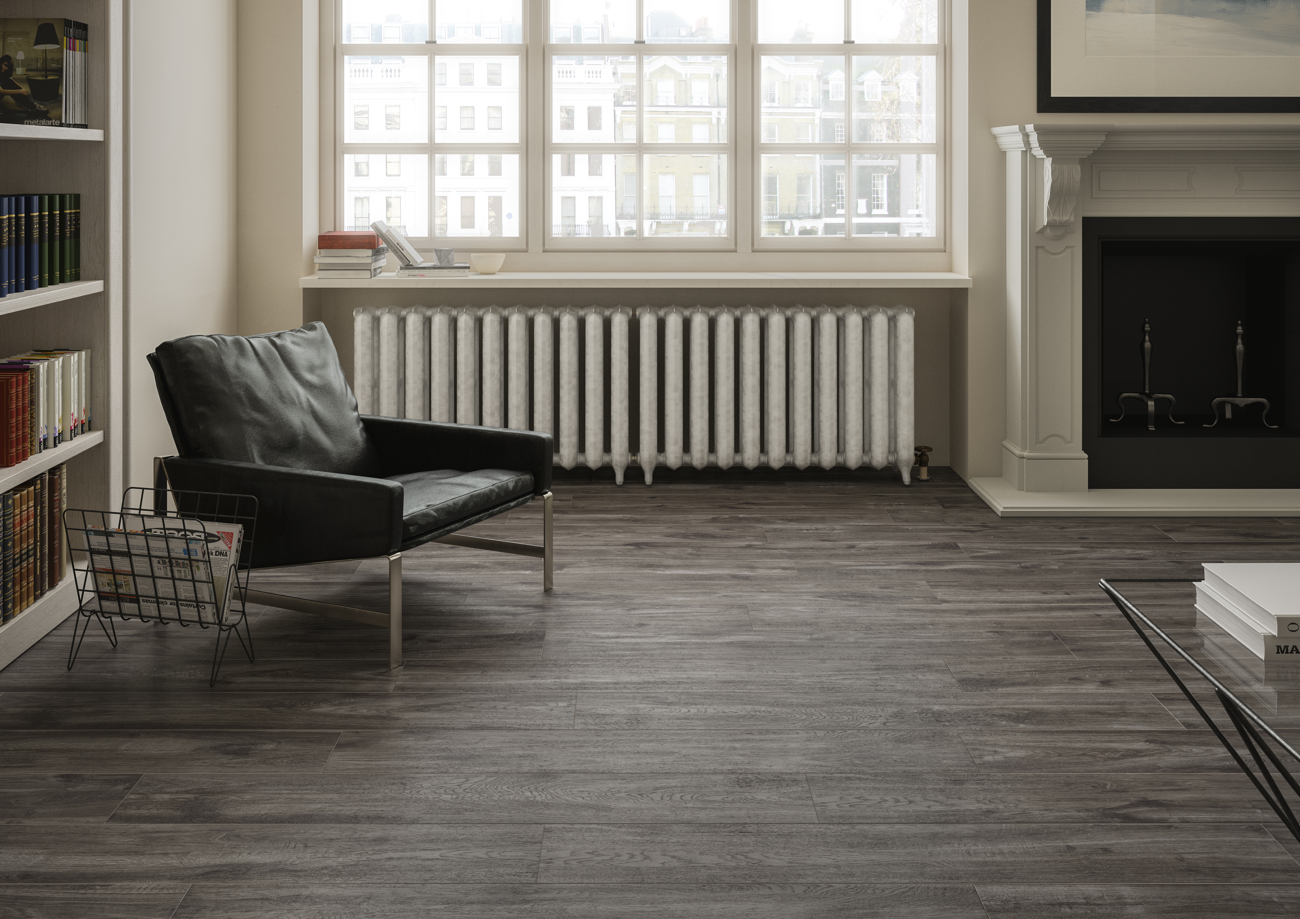 Carreaux intérieurs haut de gamme aspect bois foncé.