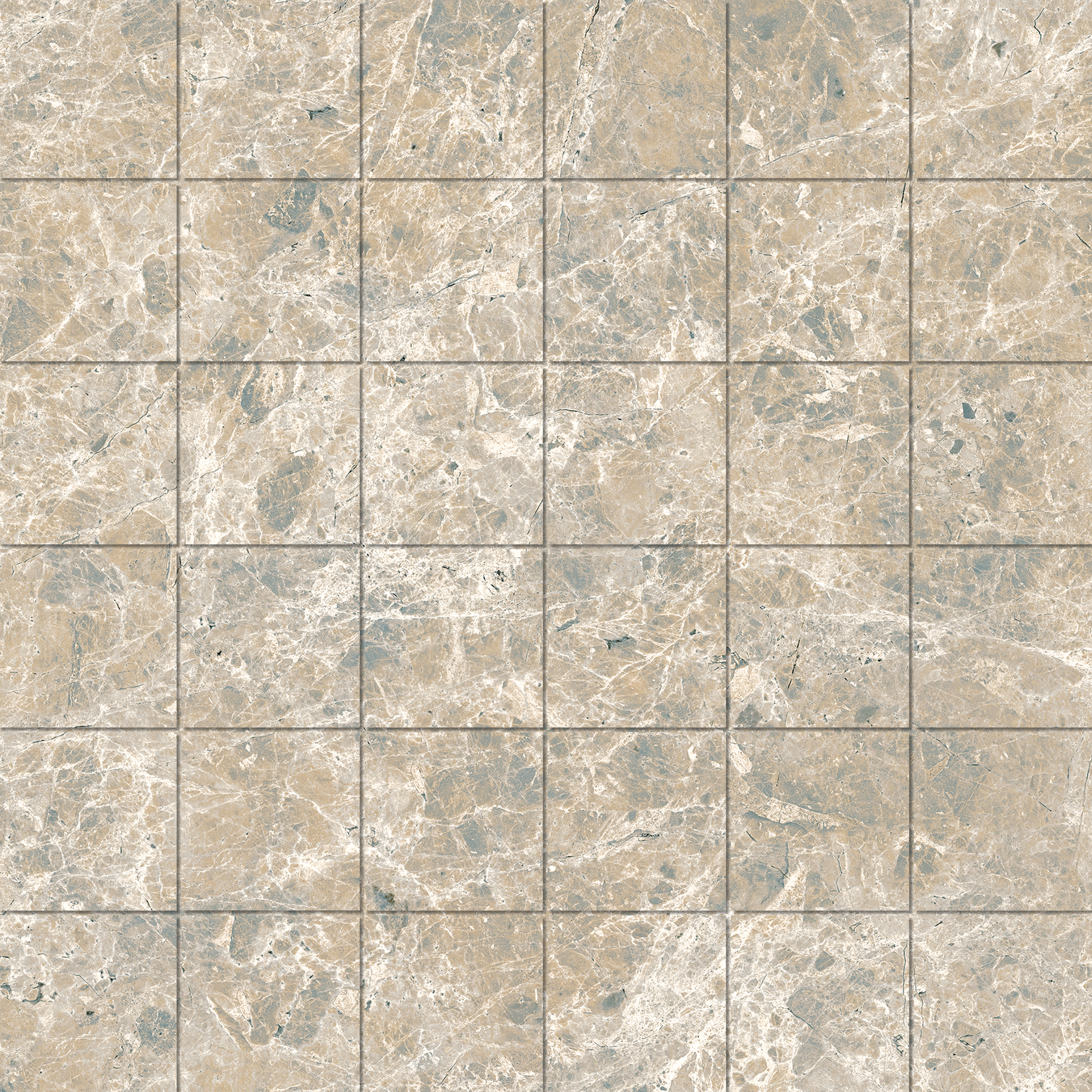 Mos. 4,7x4,7 Estro Beige Carreaux premium aspect marbre beige veiné de gris.