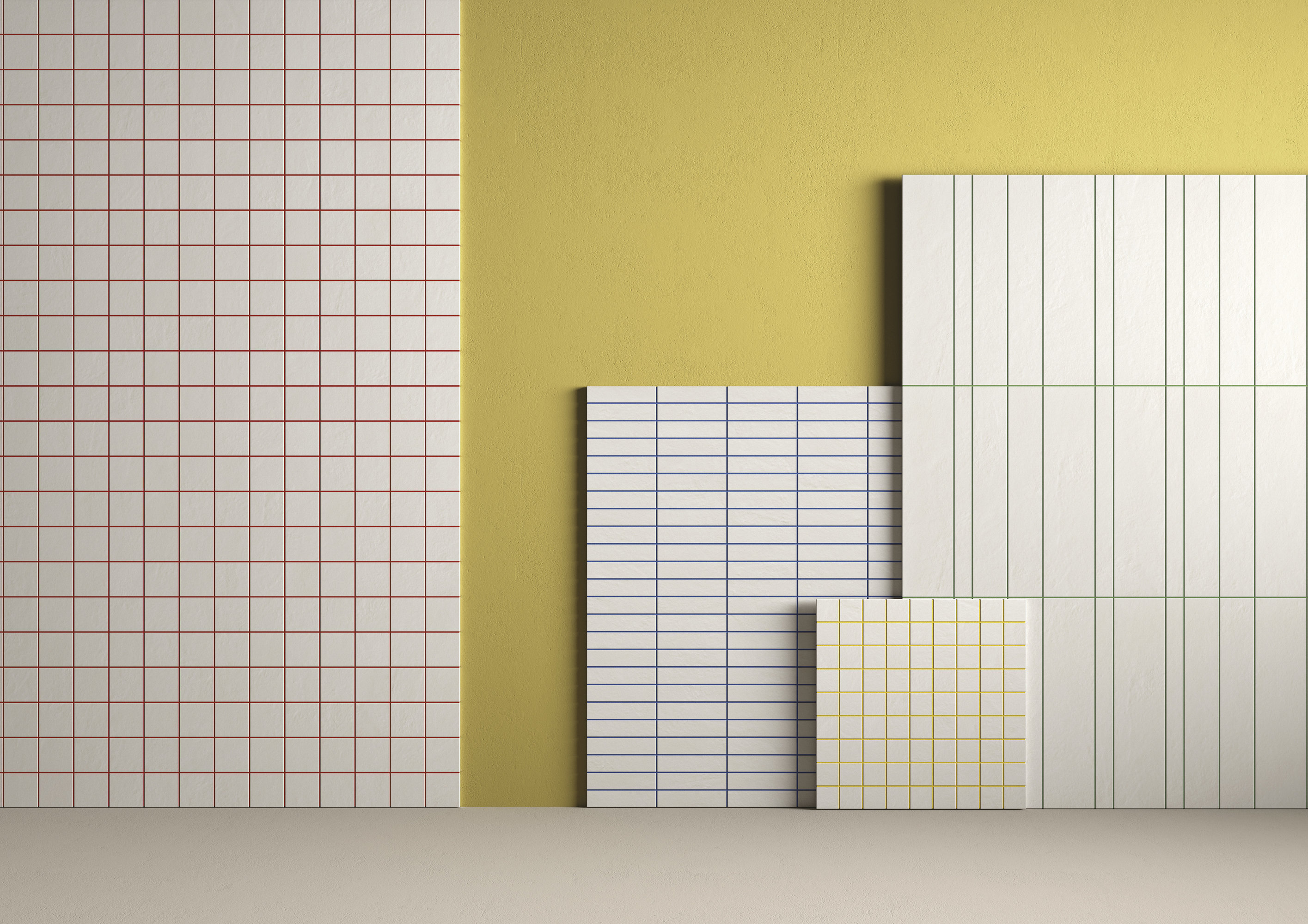 Sélection de carreaux aux motifs variés : Grille rouge, rayures horizontales et verticales, devant un mur jaune.