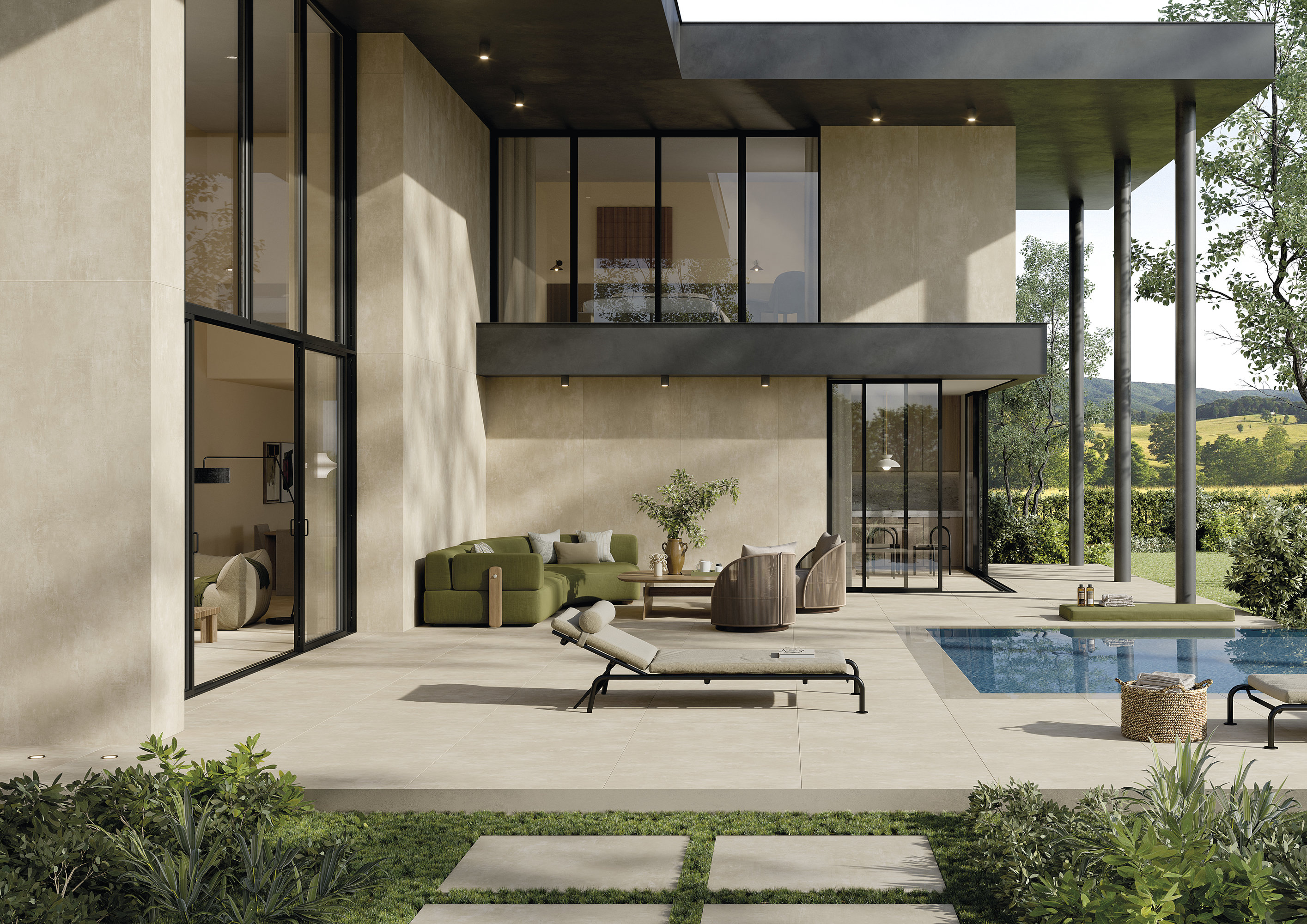 Dalles d'extérieur exclusives sur une terrasse moderne avec piscine et jardin.