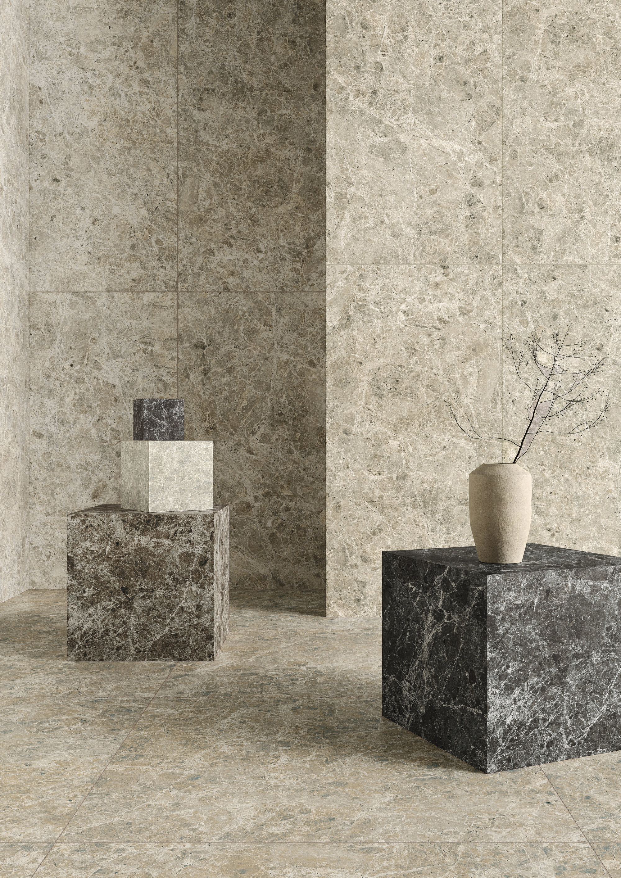 Carreaux modernes aspect marbre beige pour sol et mur, avec éléments de décoration élégants.