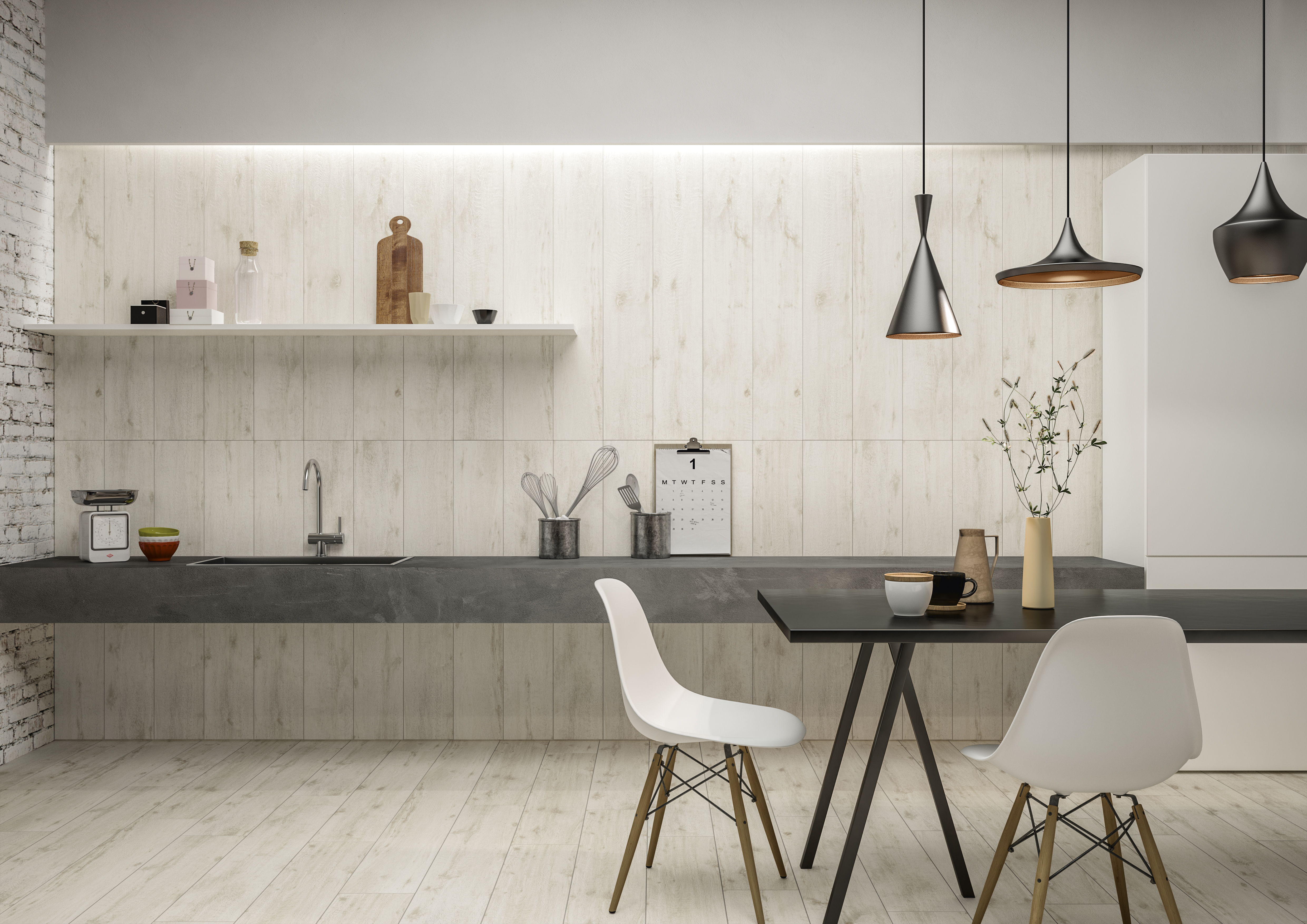 Cuisine moderne avec carreaux aspect bois clair au sol et sur la crédence.