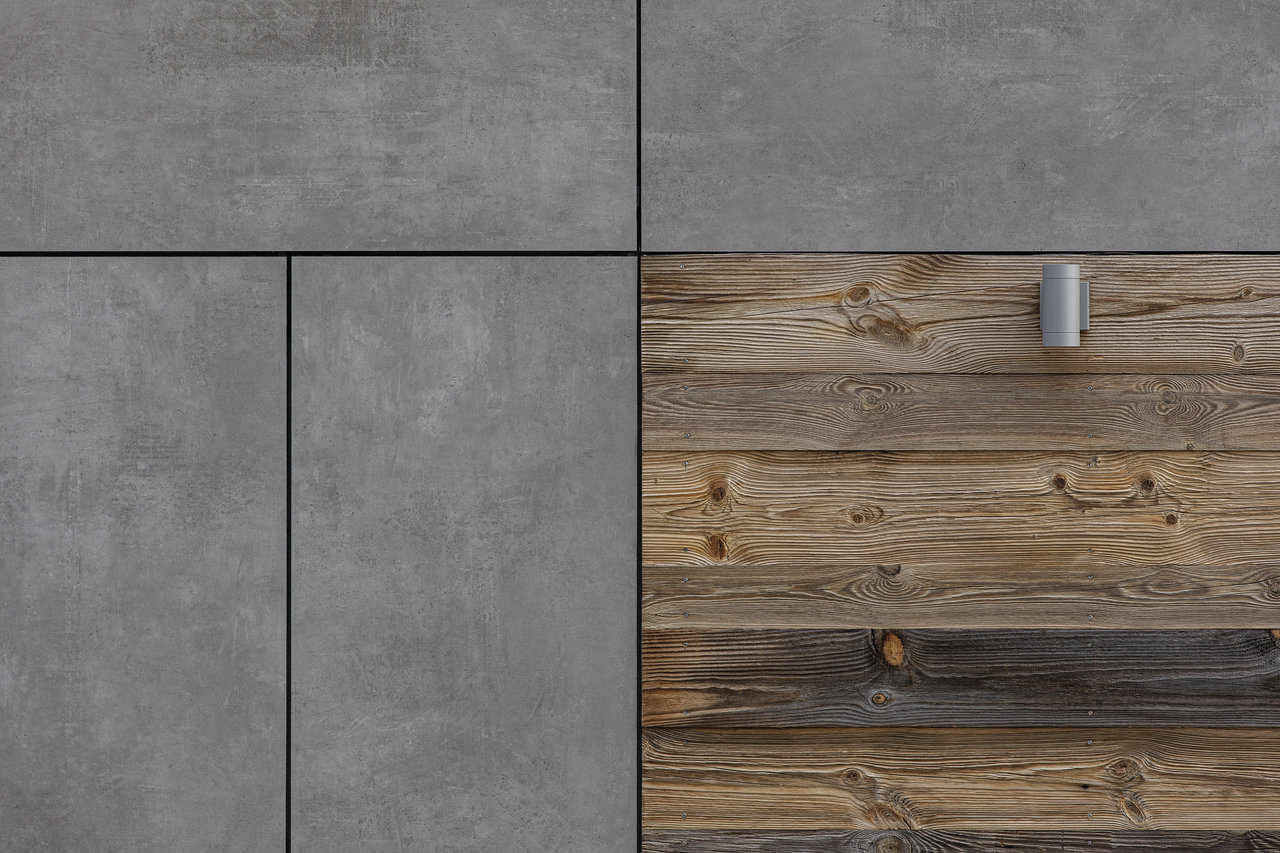 Carrelage aspect béton gris et bois rustique, en combinaison moderne.