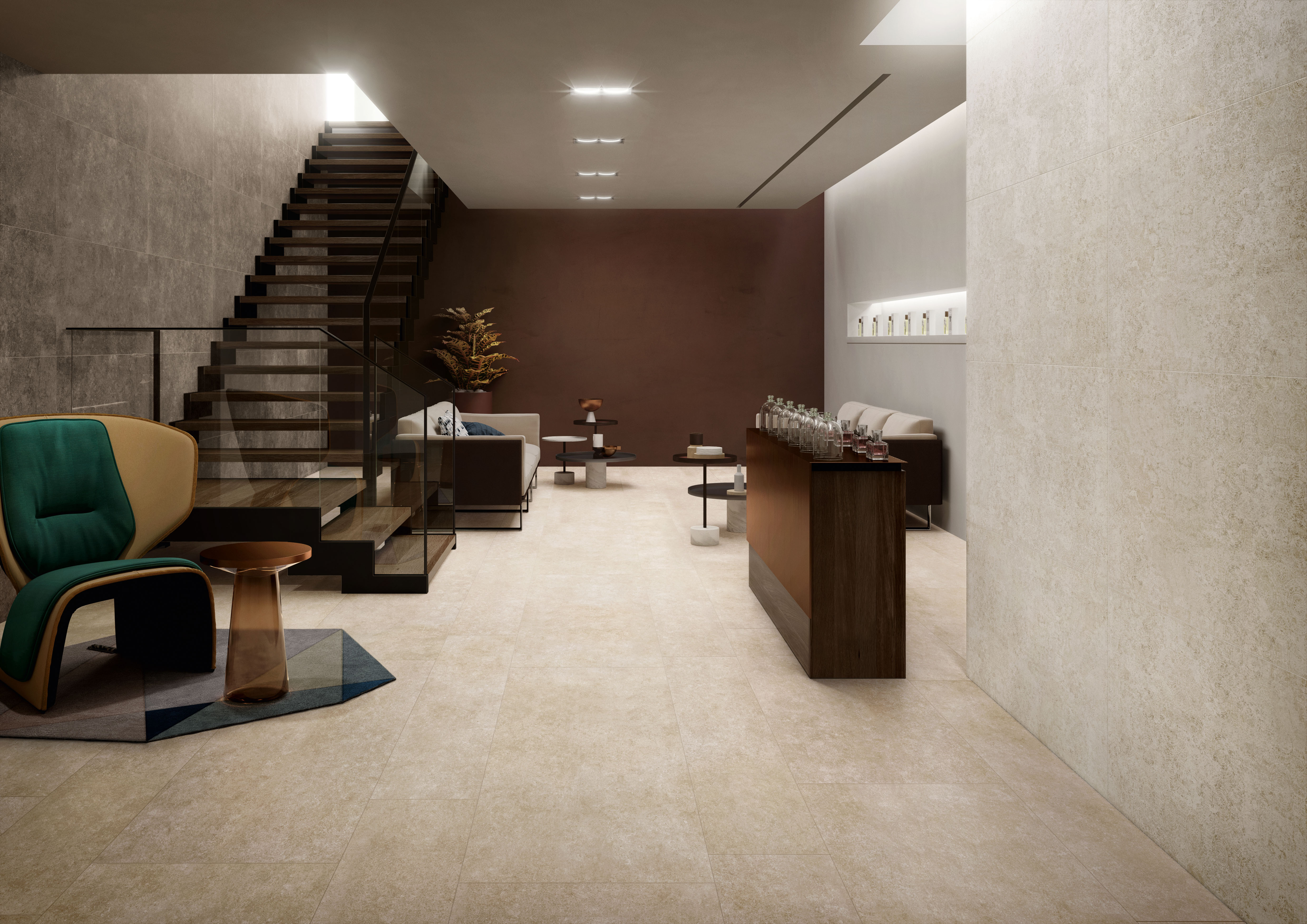 Helle, großformatige Bodenfliesen von Porcelaingres in einem modernen, stilvollen Ambiente mit Treppe.