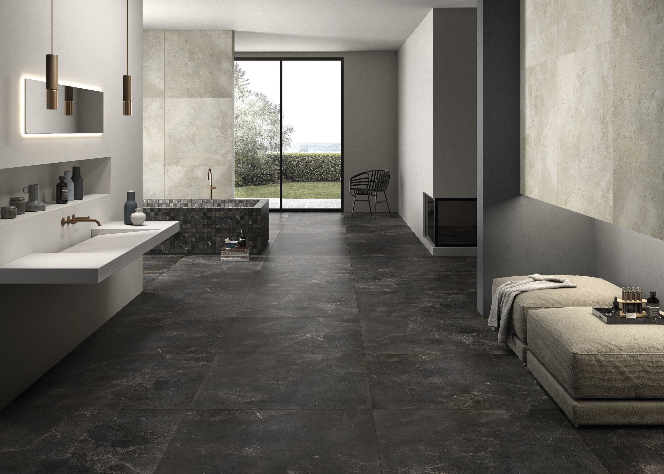 Salle de bain moderne avec carreaux de sol Porcelaingres foncés et carreaux muraux clairs.