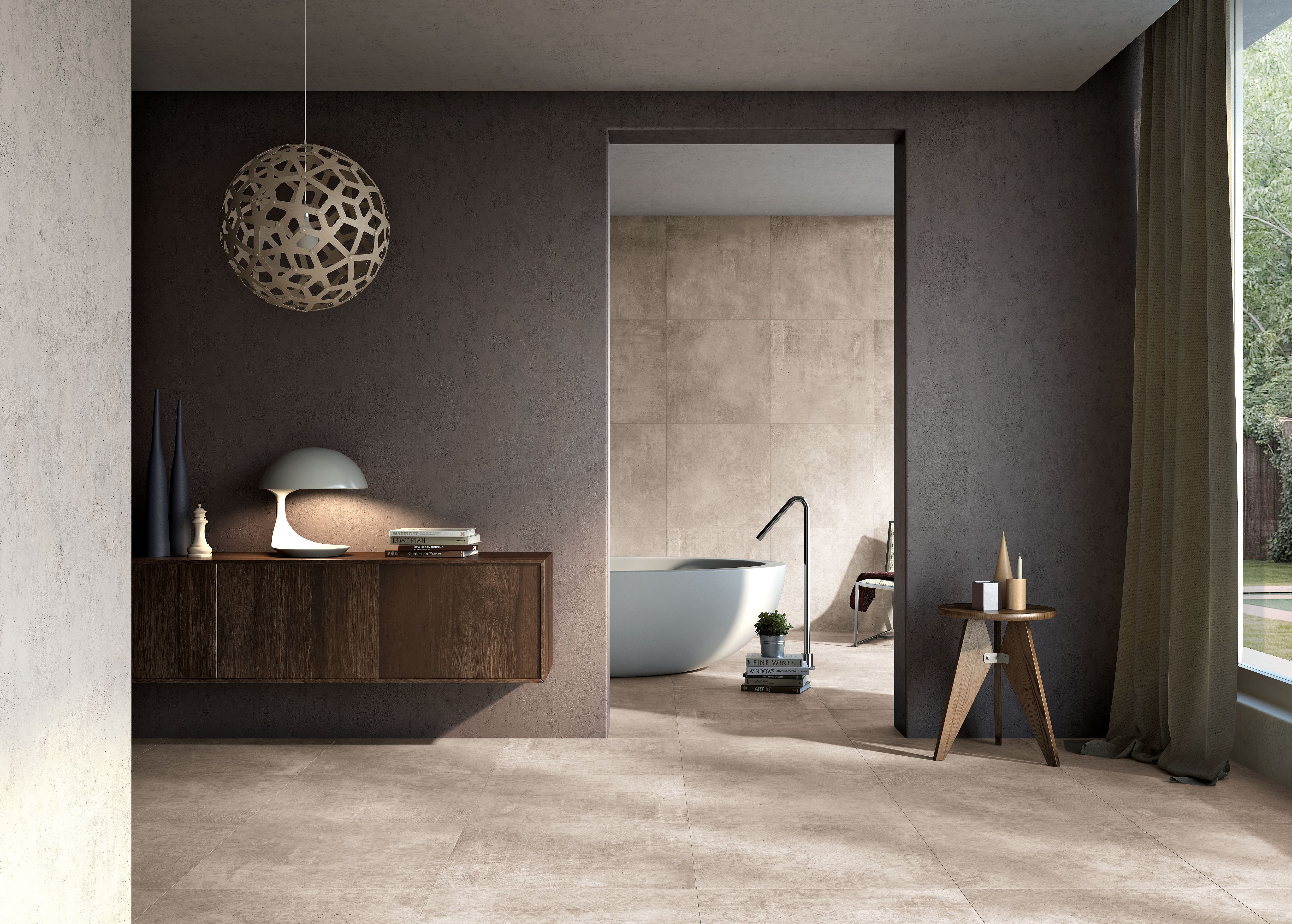 Beige Betonfliesen im Bad, beige concrete effect tiles in the bathroom