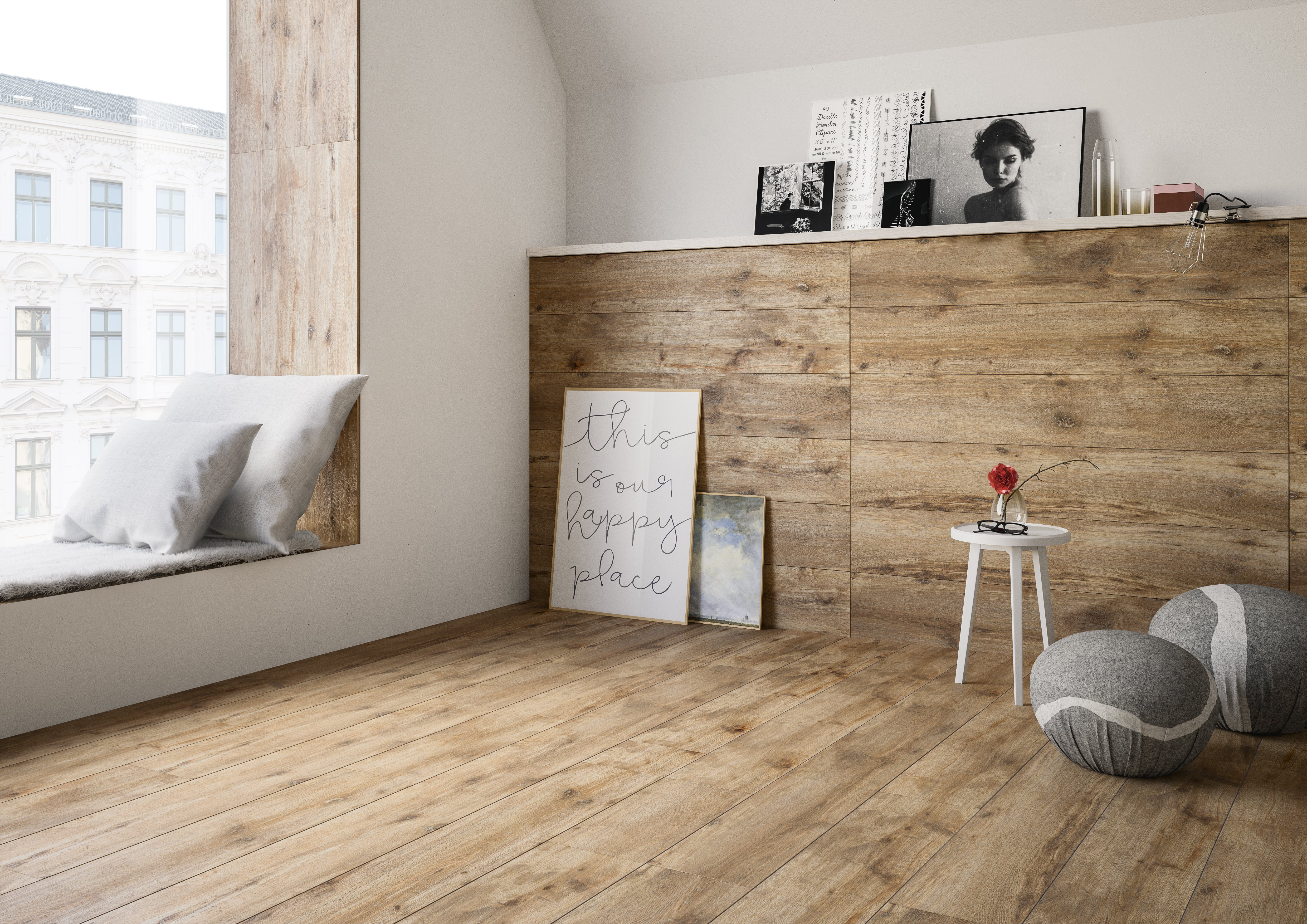 Salon chaleureux avec carreaux aspect bois sol et mur, ambiance naturelle.