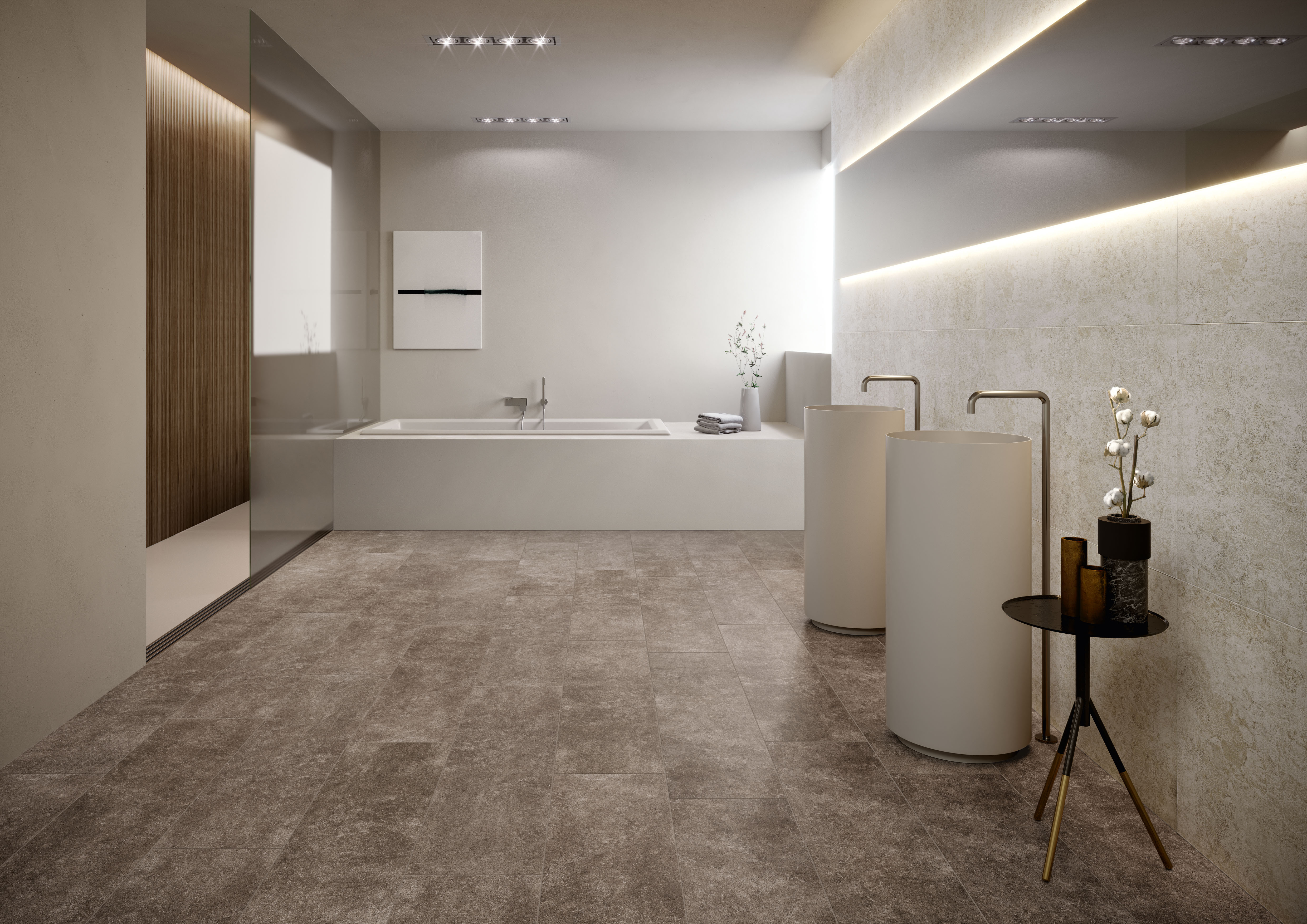 Modernes Badezimmer mit großformatigen grauen Bodenfliesen und stilvoller Einrichtung.