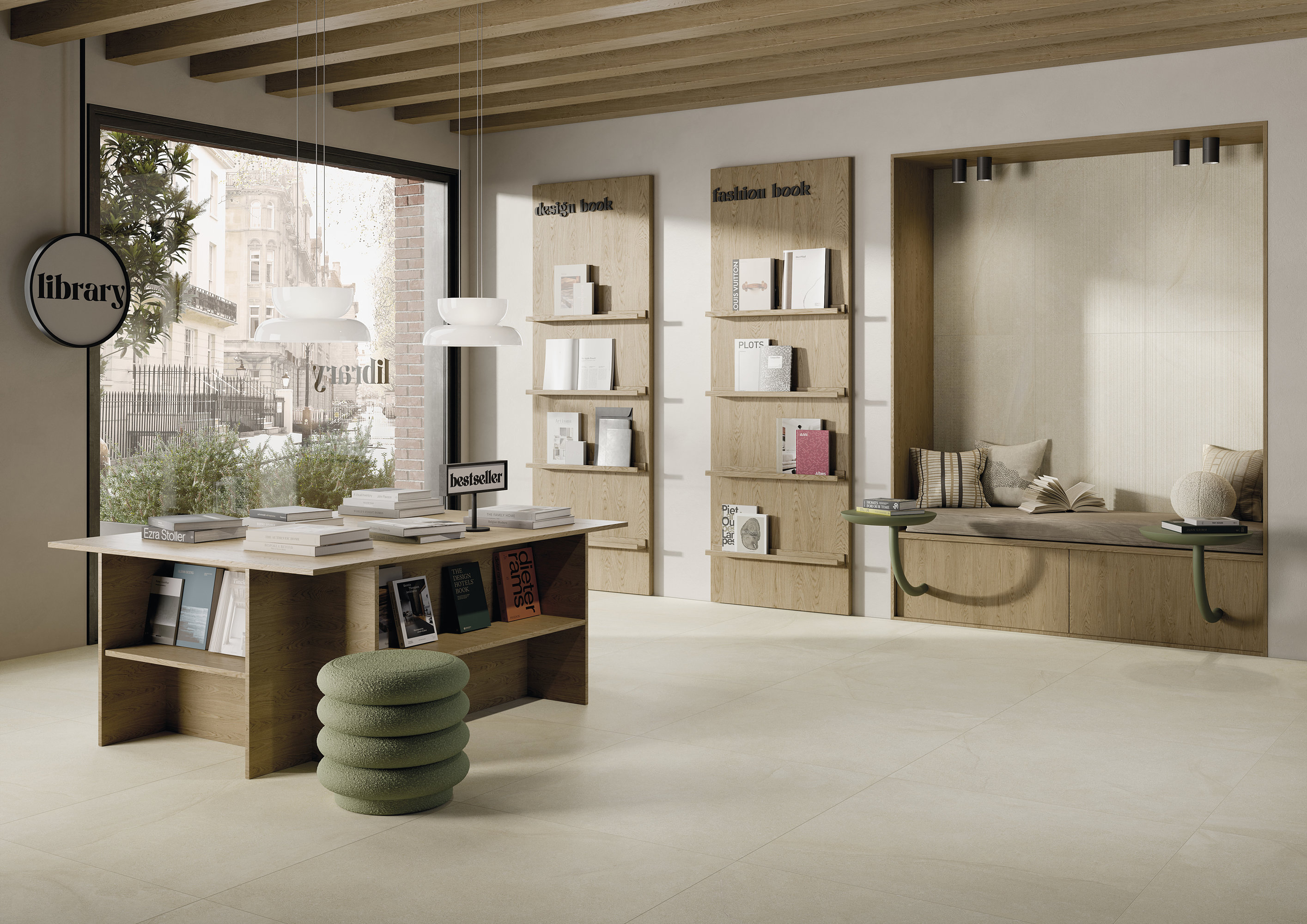 Lounge moderne avec carrelage grand format clair, mobilier en bois et coin lecture.