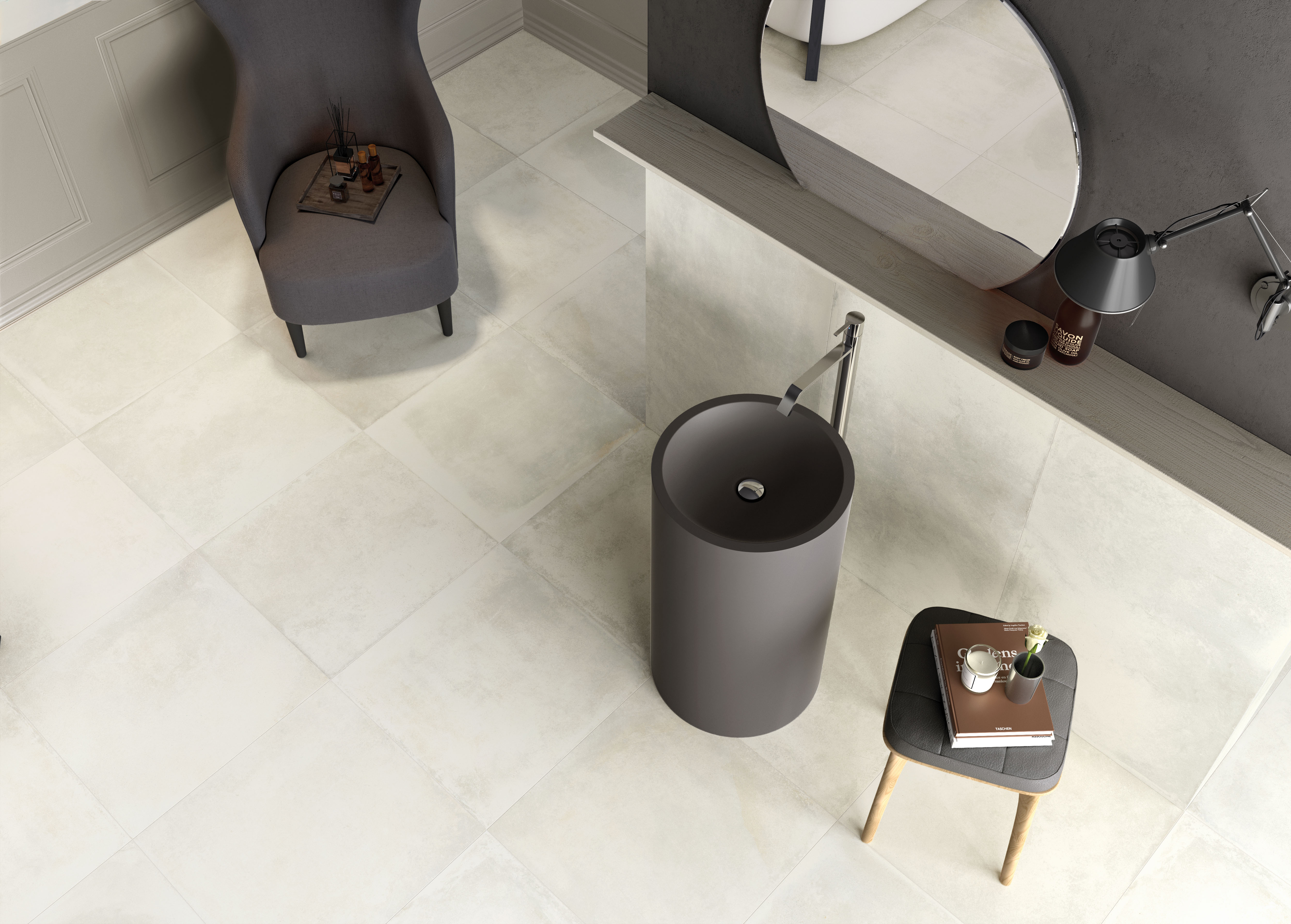 Helle, großformatige Bodenfliesen in modernem Bad mit dunklem Design-Waschbecken.