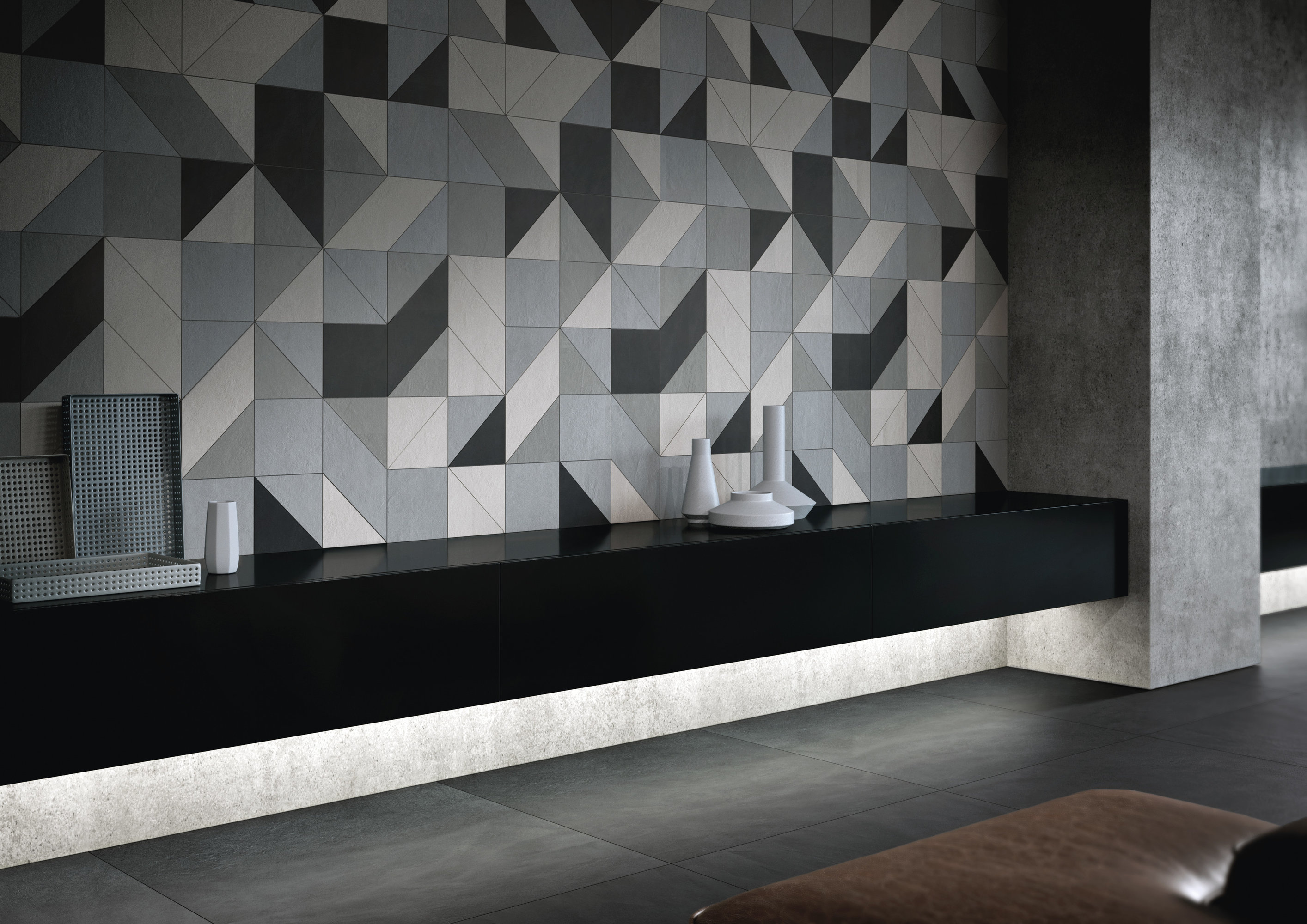 Carreaux muraux design, motif géométrique gris et noir.