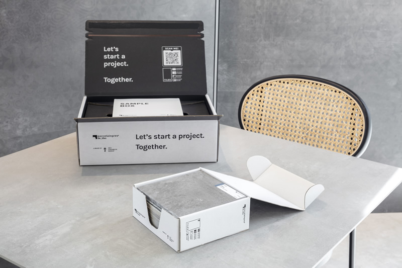 Boîtes d'échantillons pour votre projet de carrelage avec les carreaux Porcelaingres et Schöner Wohnen.