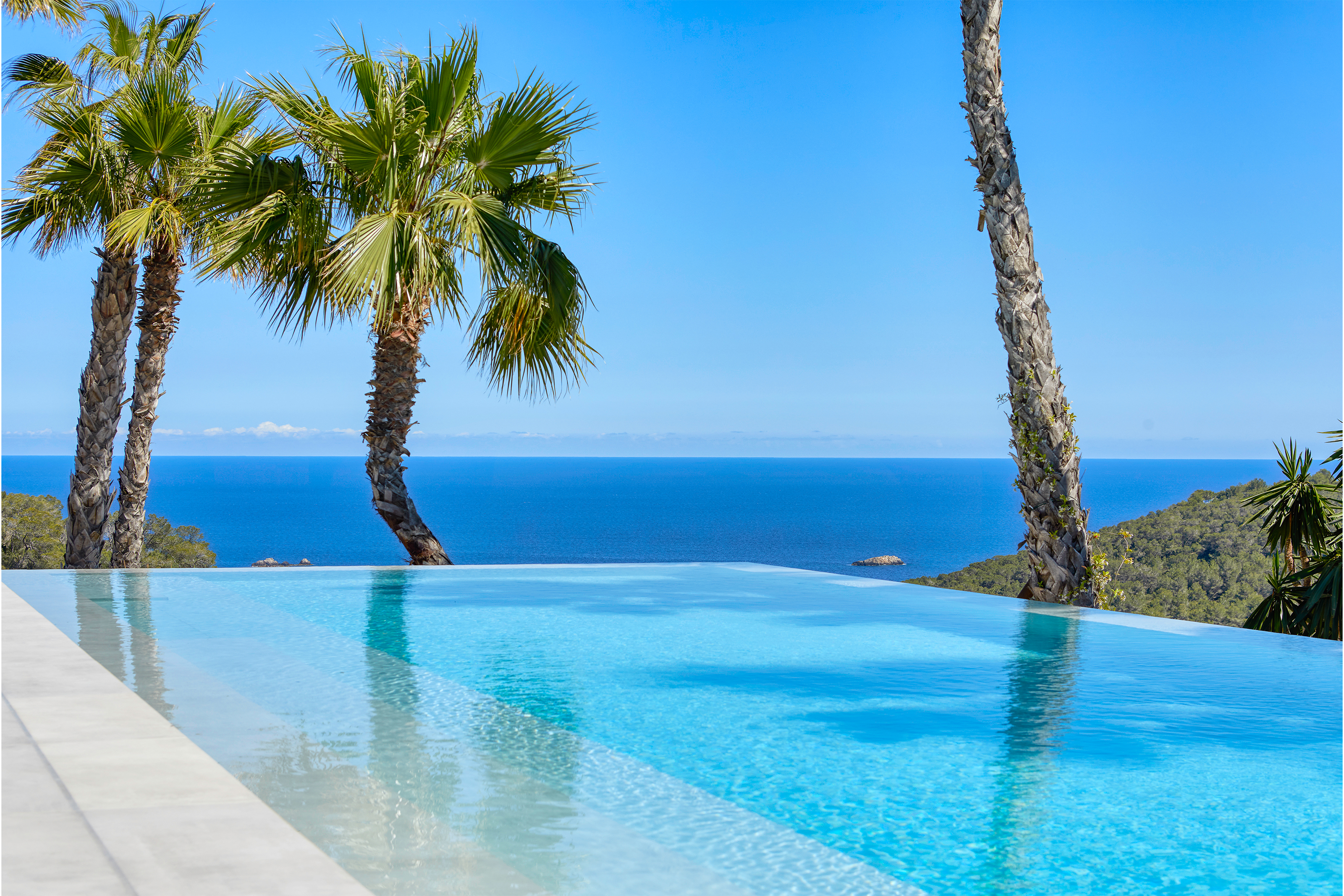 Piscine à débordement exclusive avec carreaux extérieurs clairs, vue mer sous palmiers.