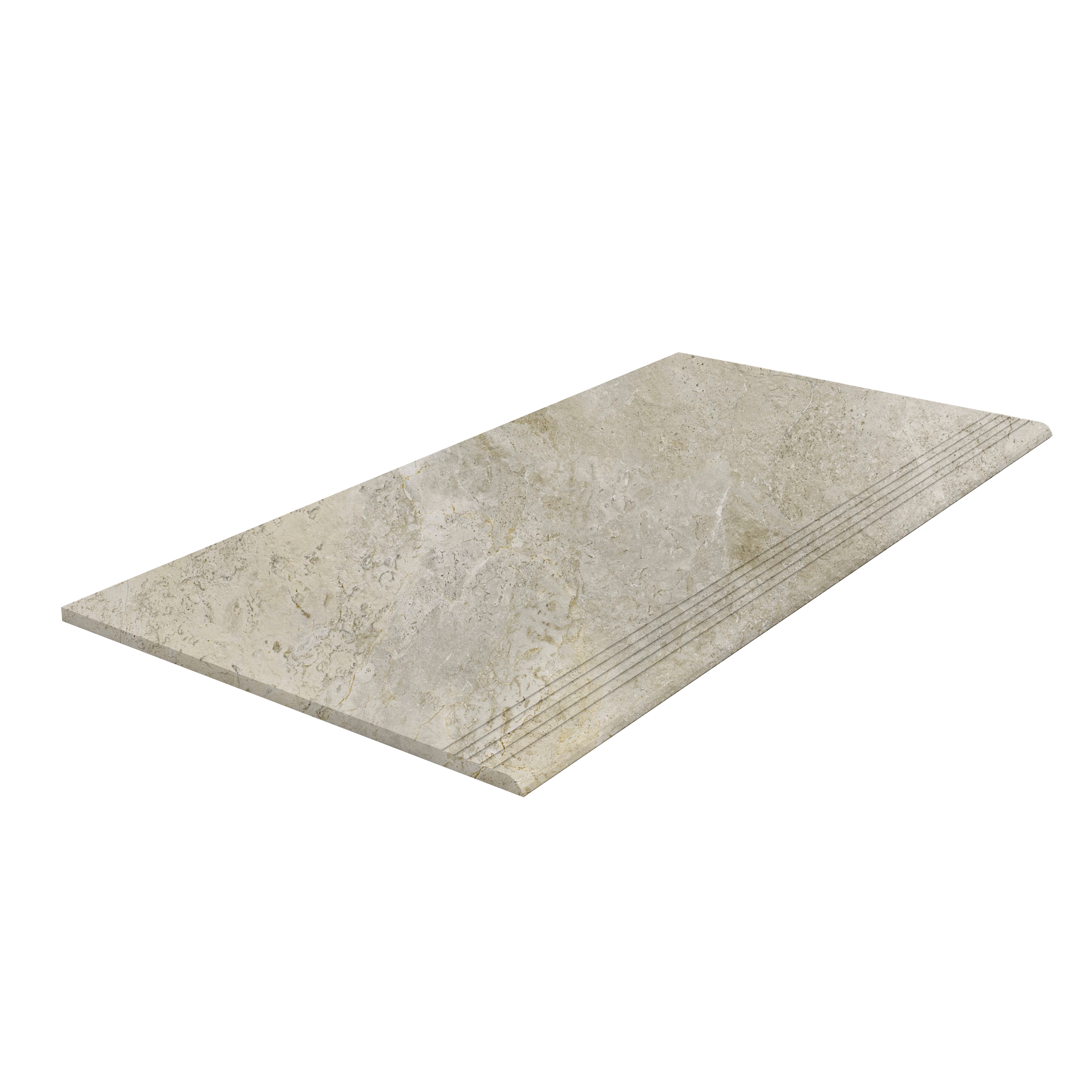 Step Platinum White Carreau de marche beige aspect pierre naturelle avec rainures antidérapantes.