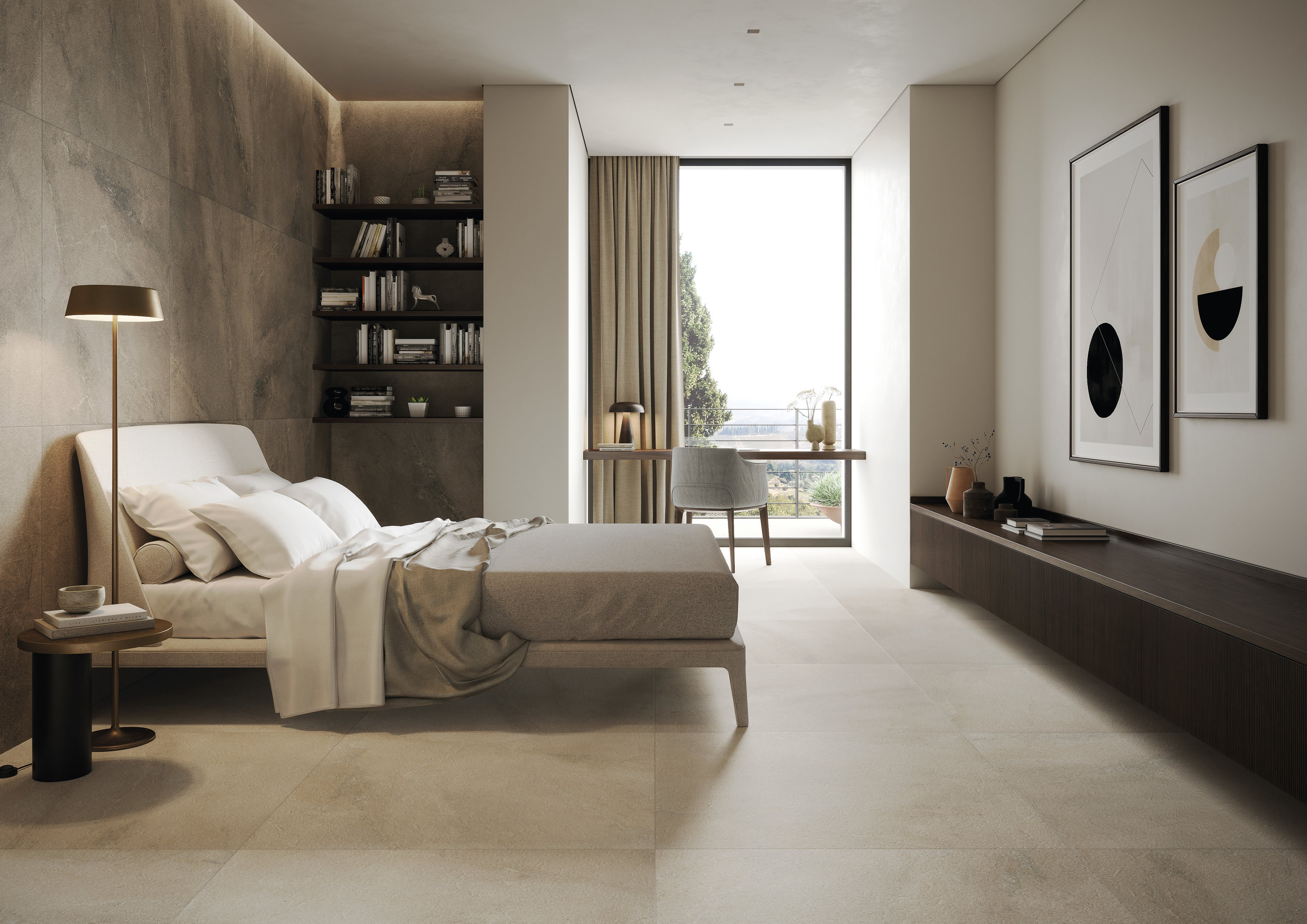 Chambre élégante avec carrelage clair grand format au sol et au mur.