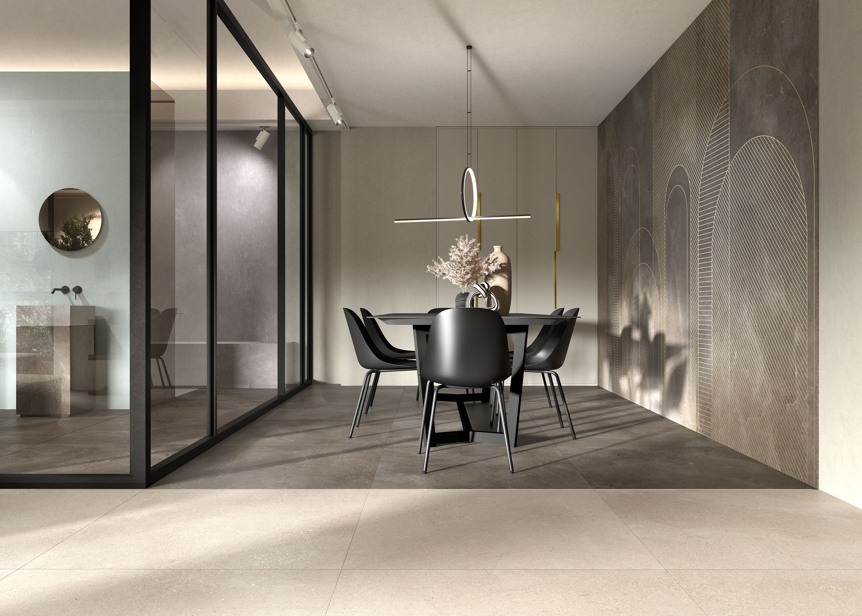 Salle à manger élégante avec carreaux de sol foncés et carreaux muraux d'accent texturés.
