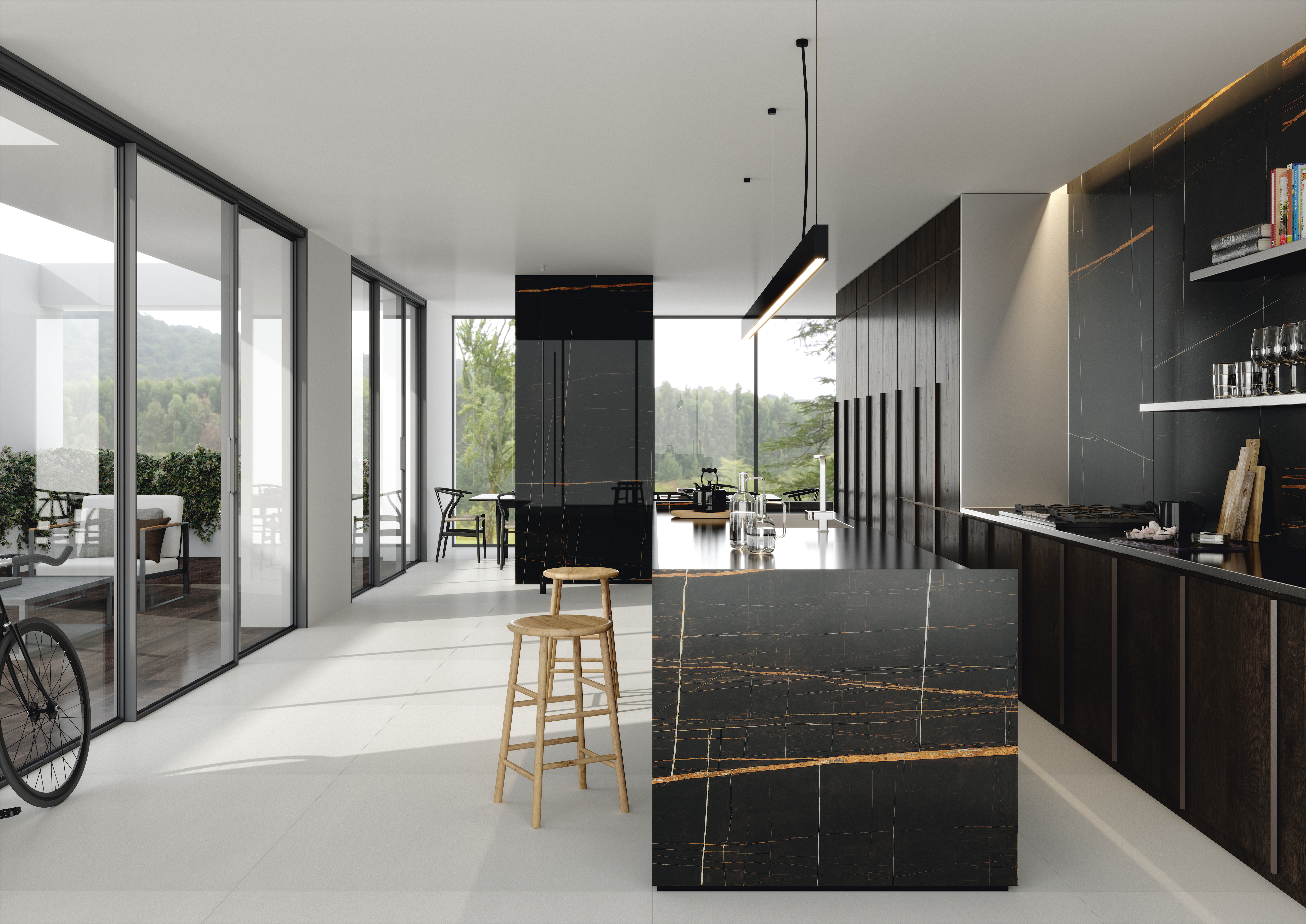 Moderne Küche mit Porcelaingres Fliesen: schwarze Marmoroptik und helle Bodenfliesen.