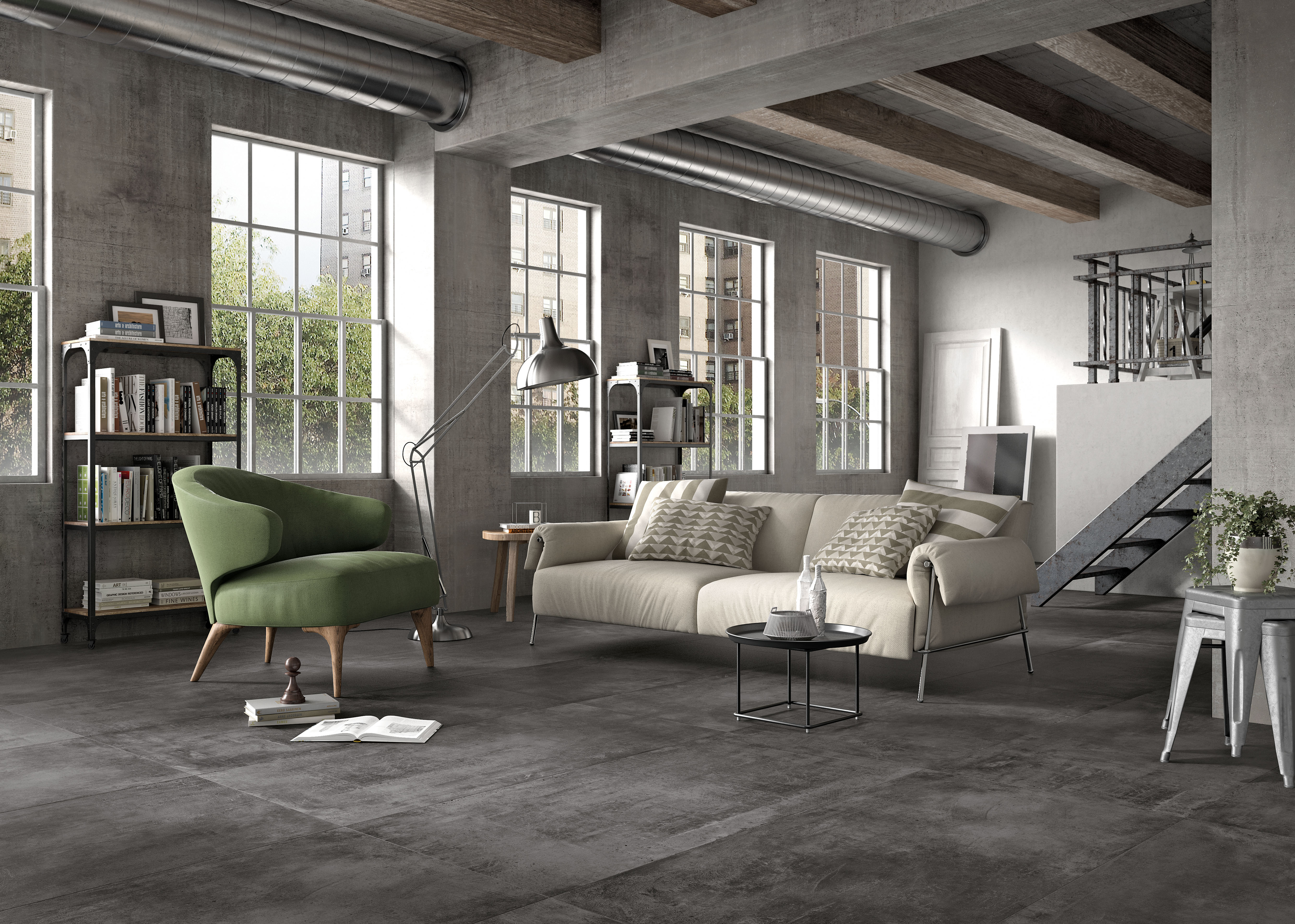 Anthrazit Betonfliesen im Wohnzimmer, anthracite concrete effect tiles in living room
