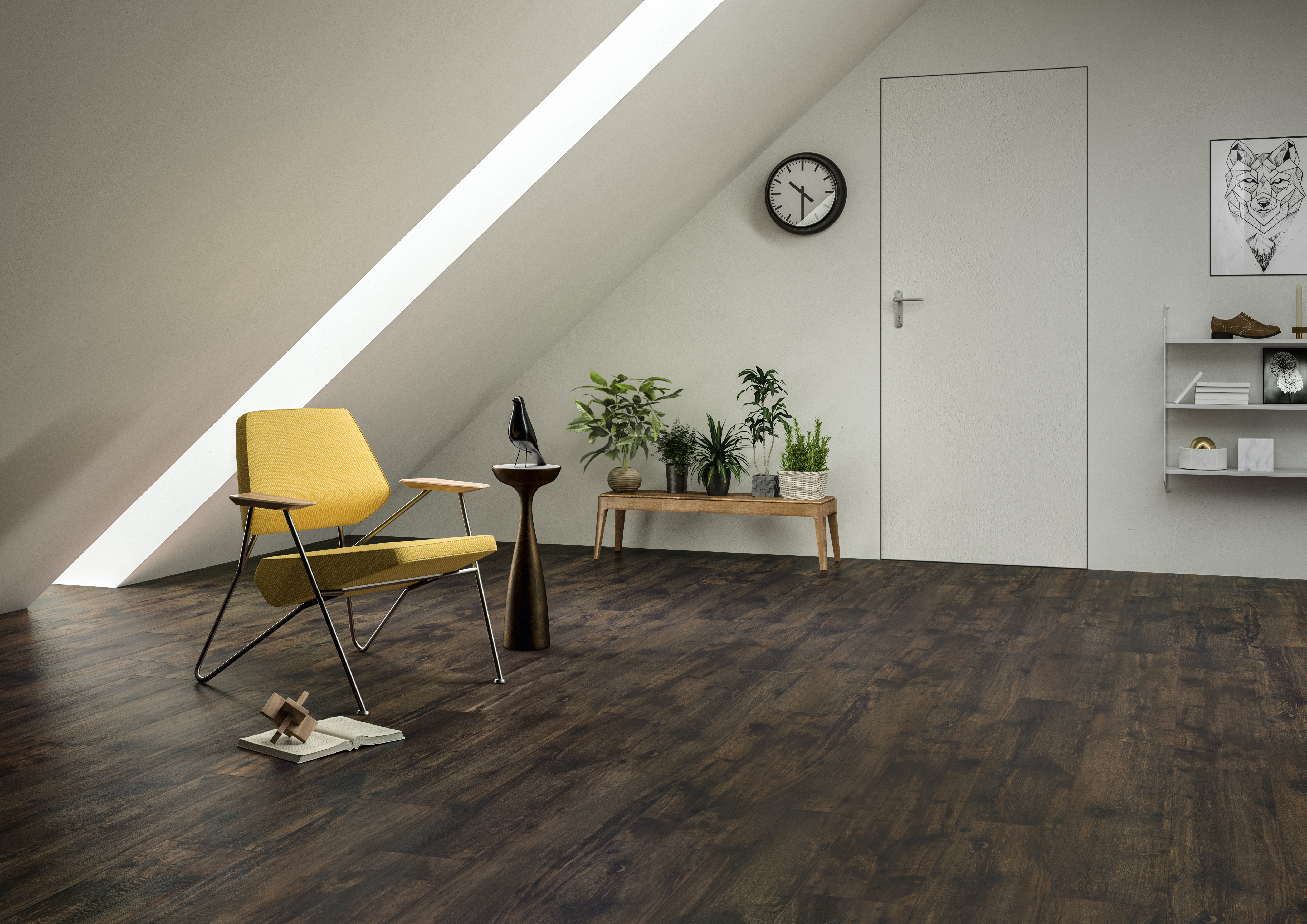 Carreaux aspect bois foncé haut de gamme dans un salon moderne.