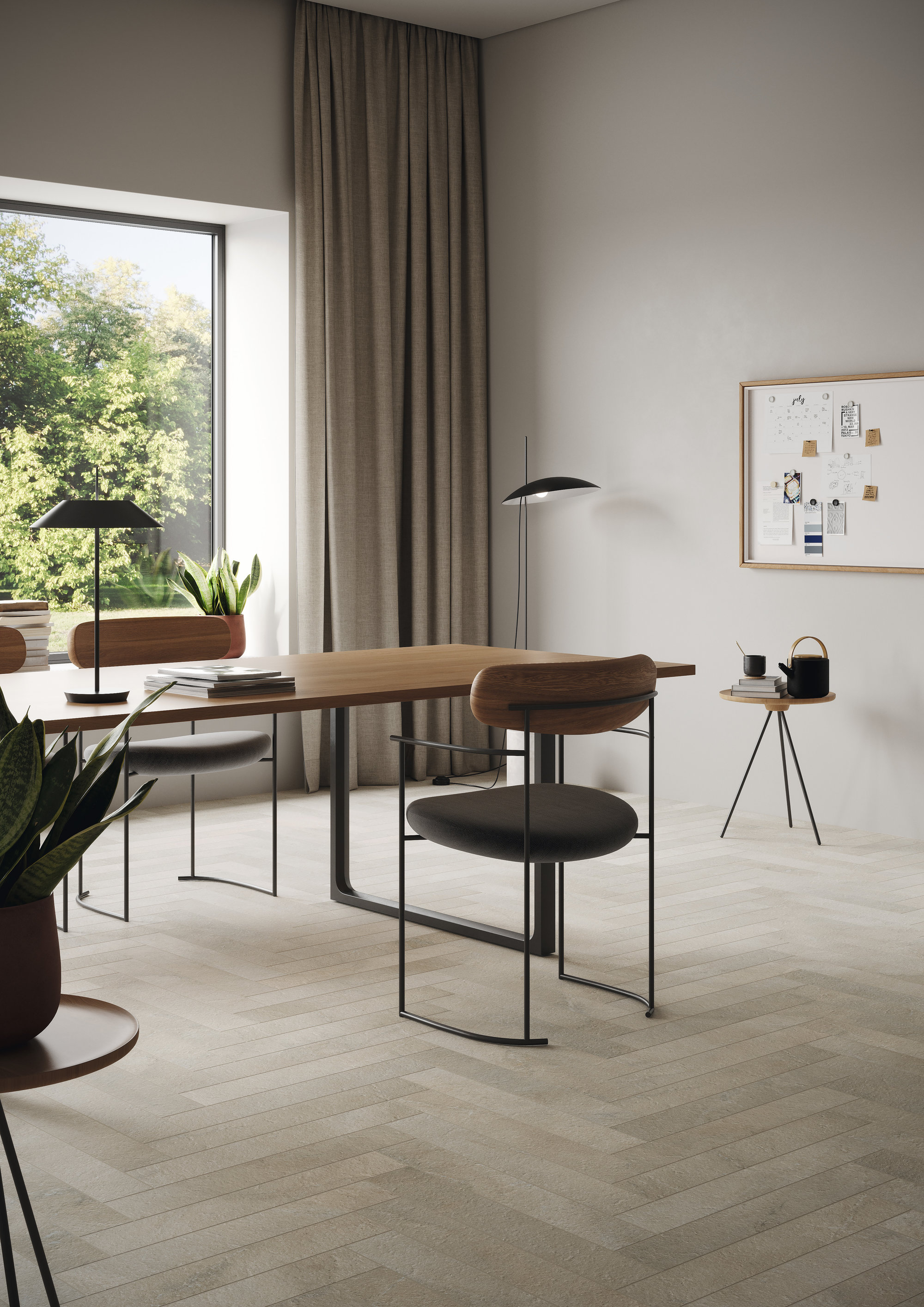 Carrelage clair à chevrons dans un salon moderne.