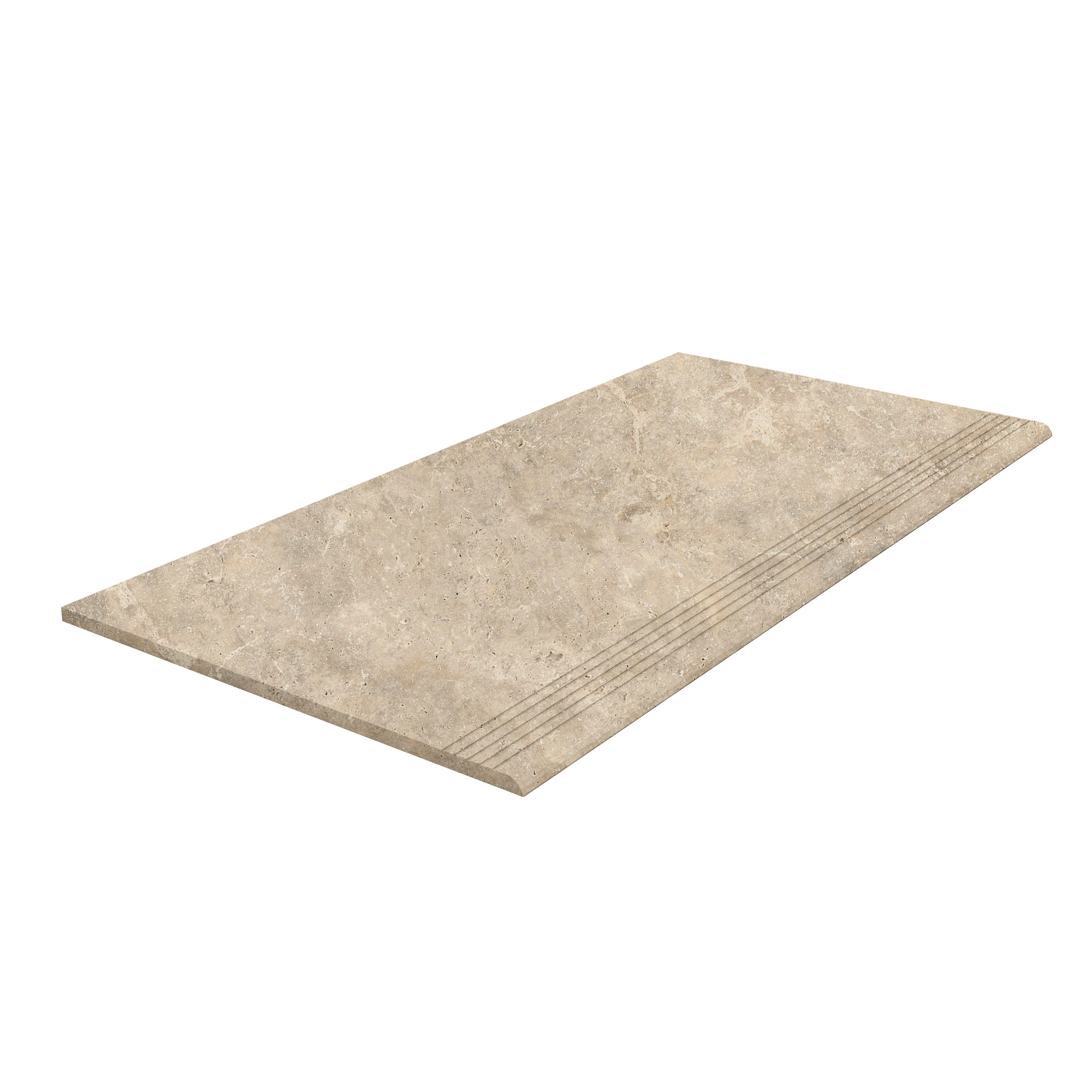Step Travertino Nez de marche beige aspect pierre naturelle avec rainures antidérapantes.