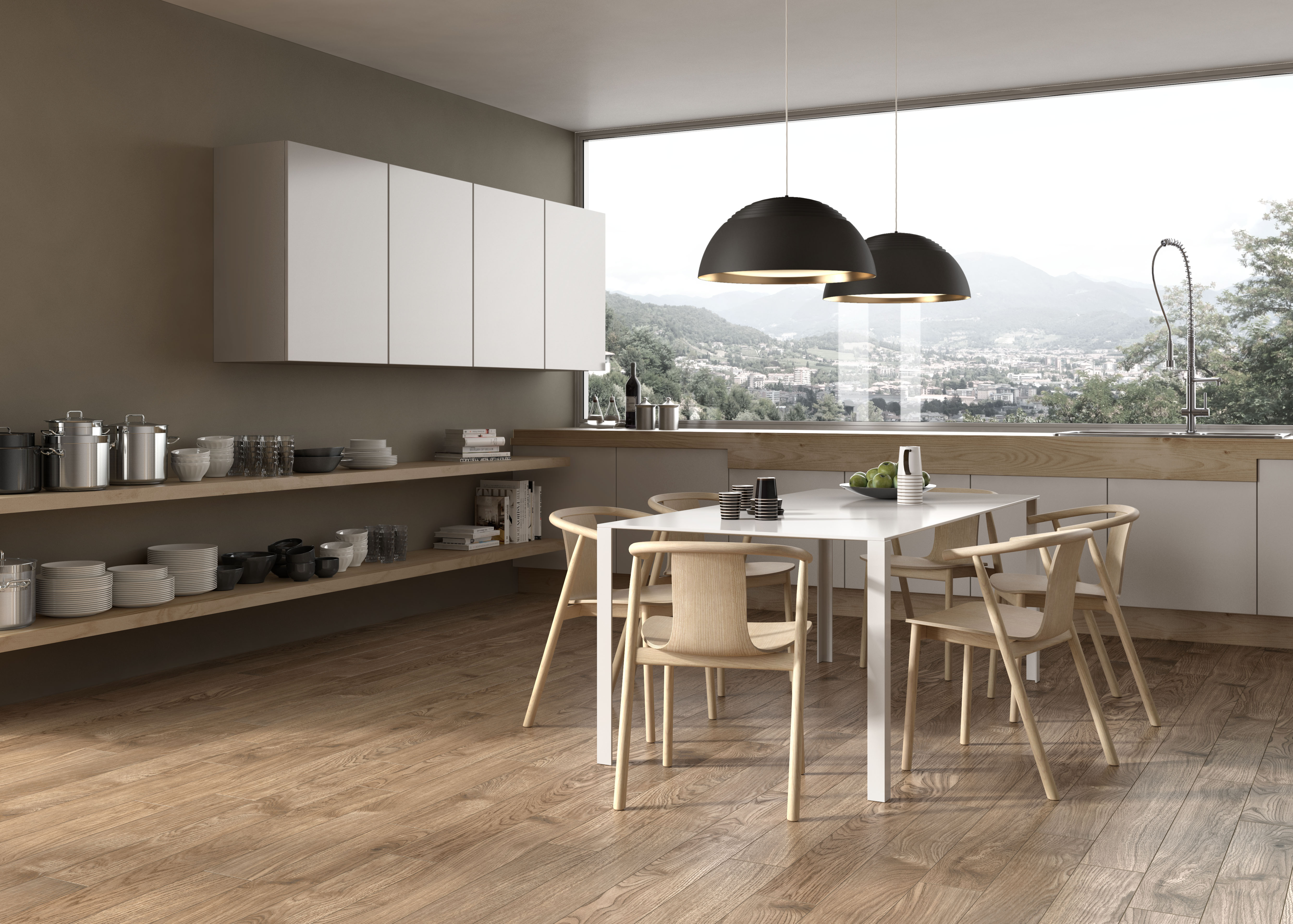 Moderner Wohnbereich mit hochwertigen Holzoptikfliesen und Esstisch.