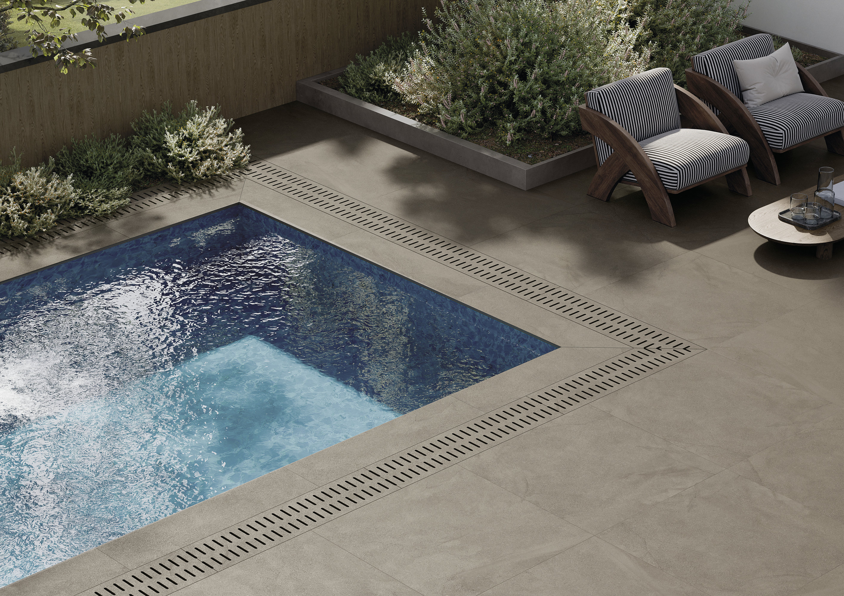 Carreaux grand format pour extérieur, autour de la piscine et de la terrasse, idéaux pour espaces luxueux.