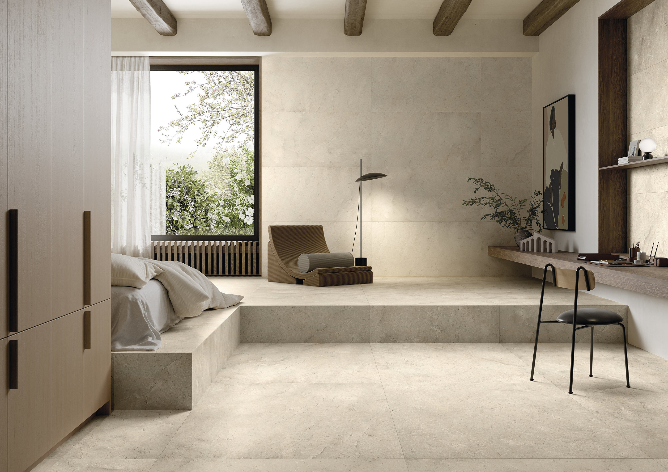 Dalles grand format en beige clair pour une chambre élégante.