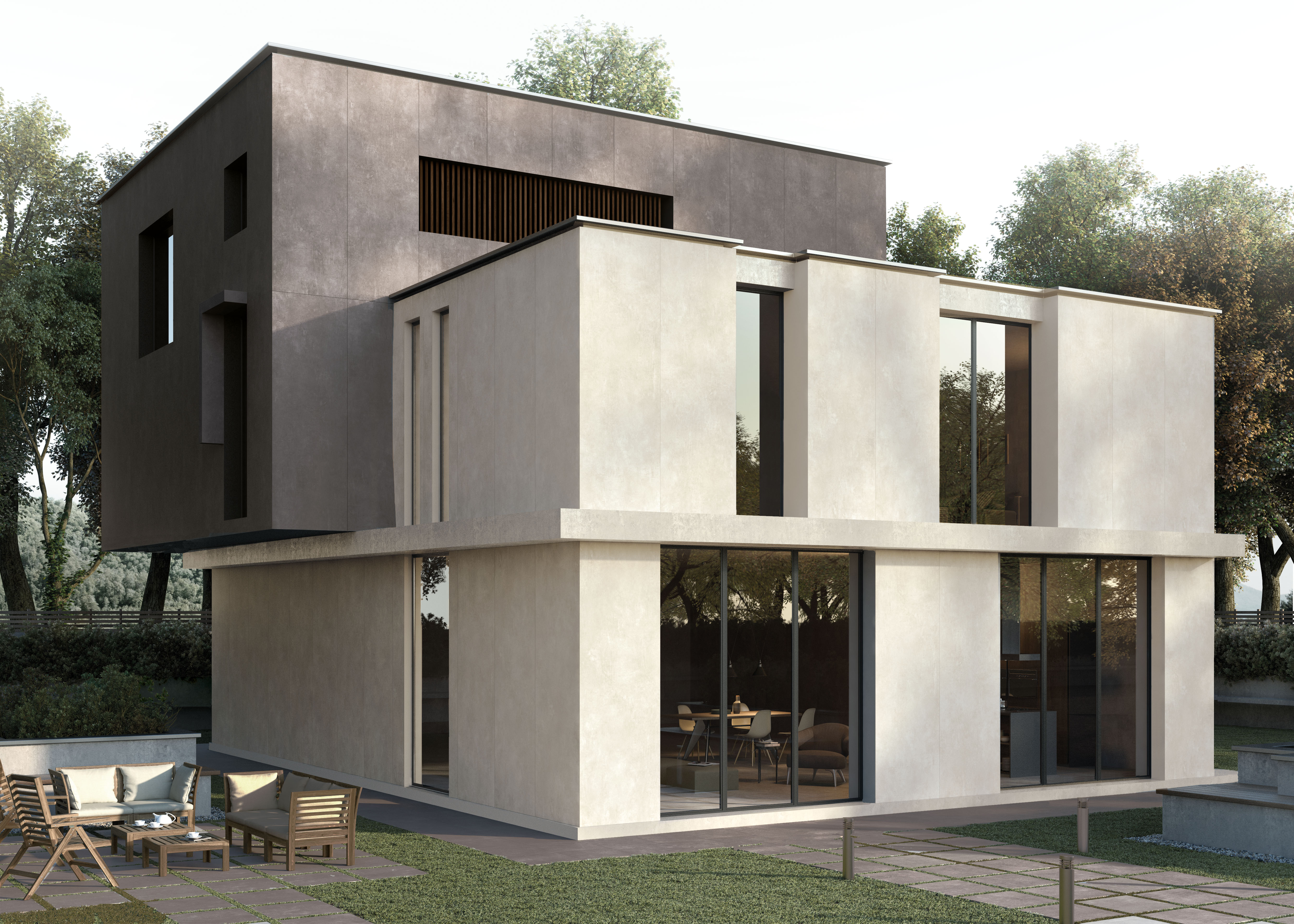 Modernes Wohnhaus mit Terrasse, ideal für Porcelaingres Outdoor-Fliesen.