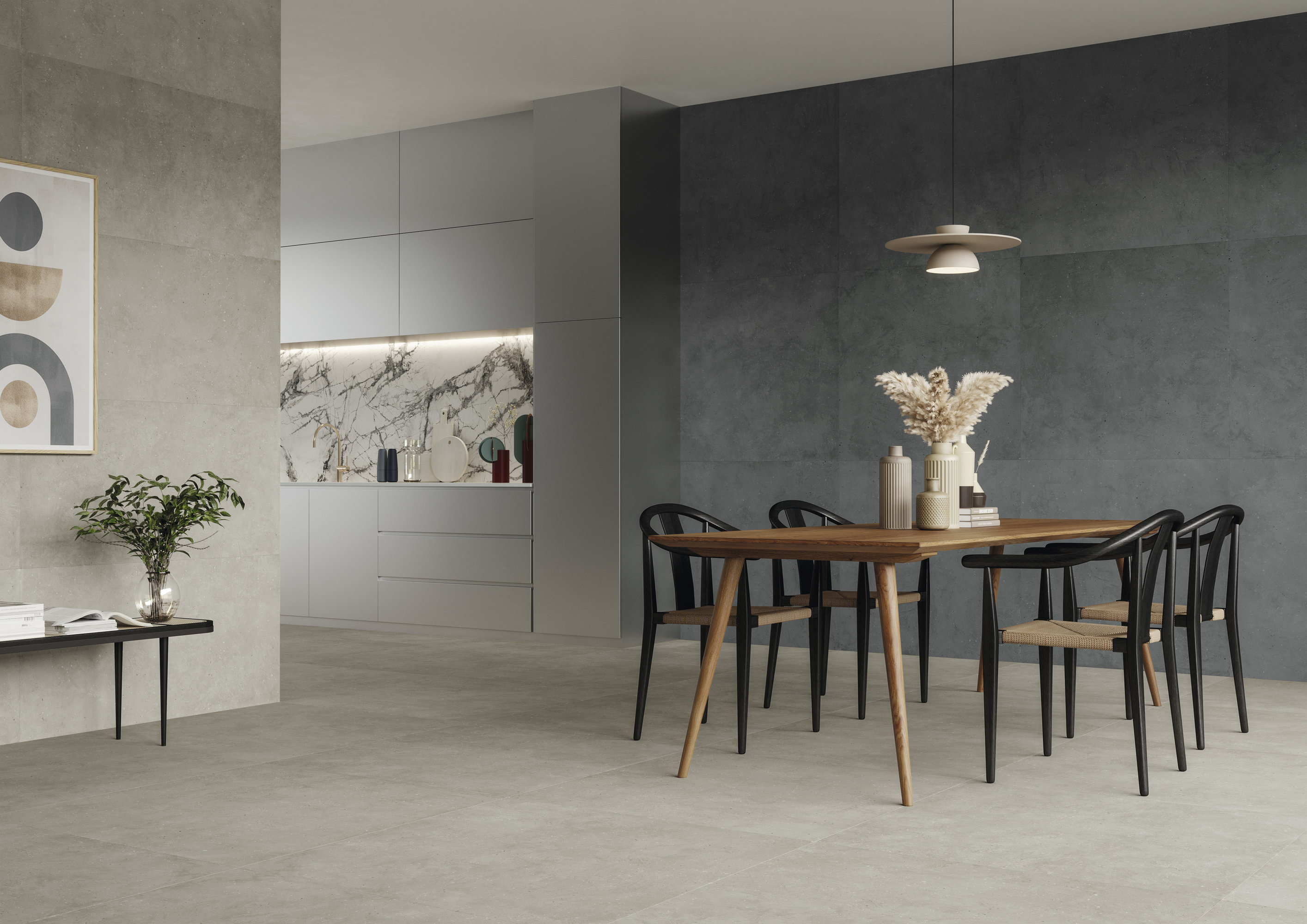 Carreaux grand format gris pour sol et mur dans un intérieur moderne.