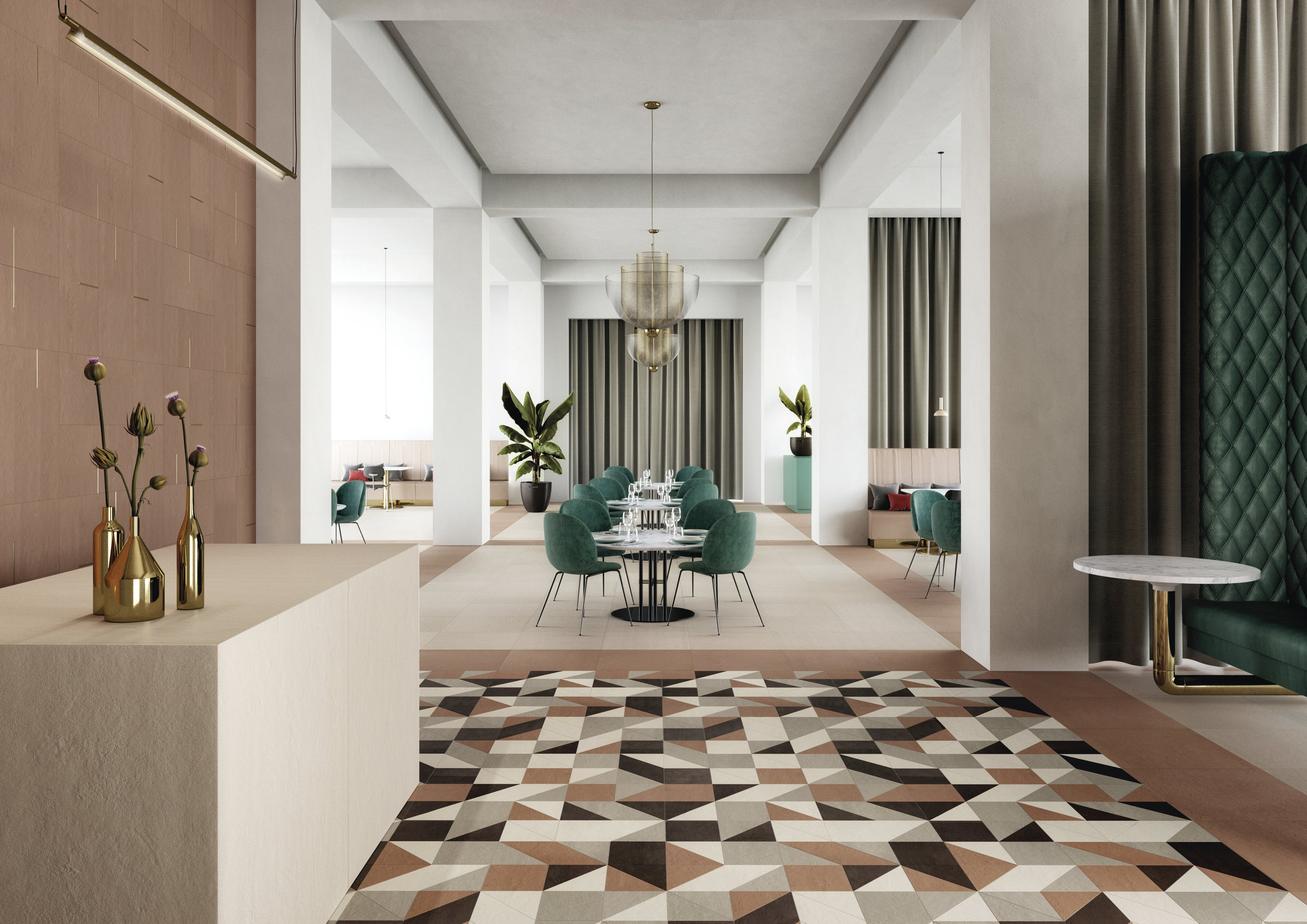 Carreaux Porcelaingres : Sol géométrique, carreaux muraux chauds et sol uni clair dans une pièce élégante.
