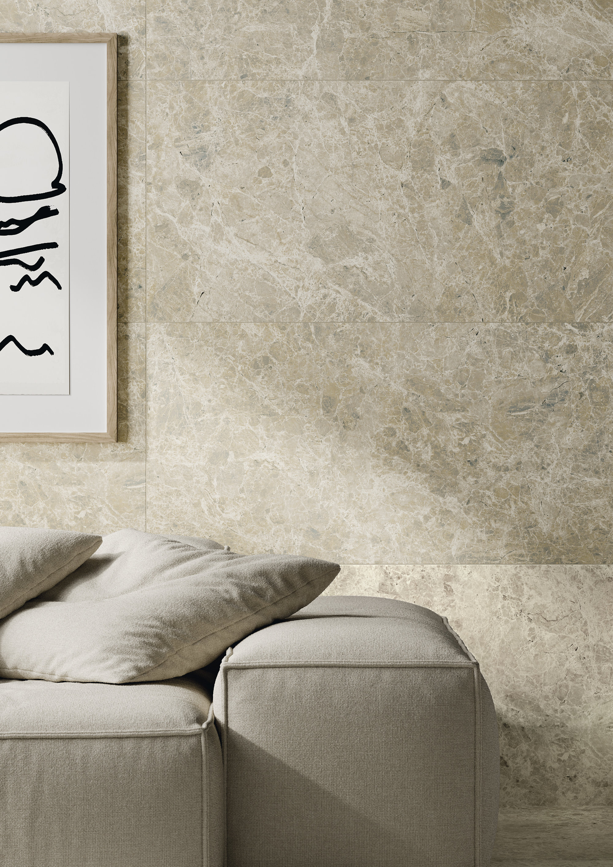 Carreaux muraux haut de gamme aspect pierre naturelle beige pour l'intérieur.