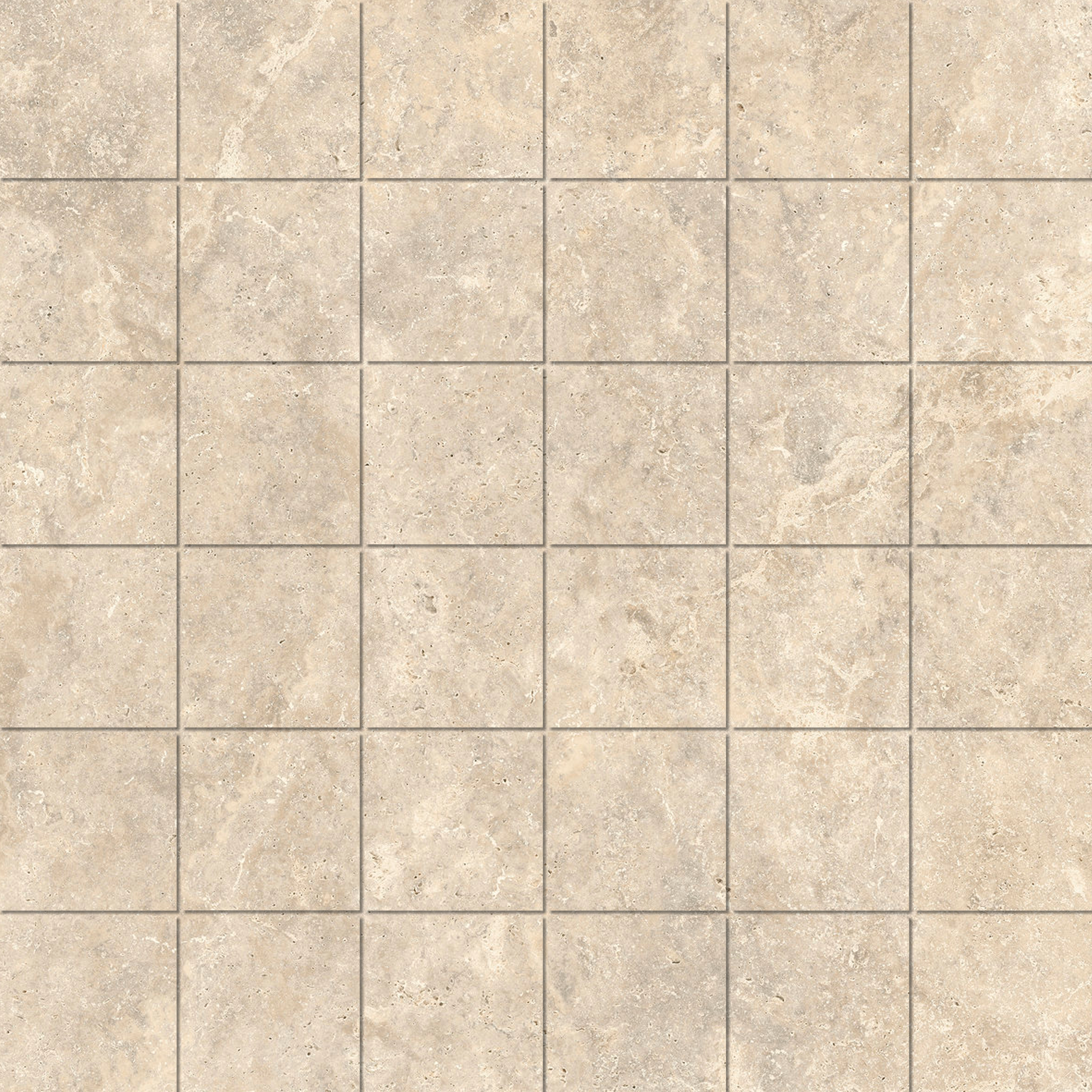 Mos. 4,7x4,7 Travertino Carreaux en grès cérame clairs et carrés, effet pierre naturelle beige.