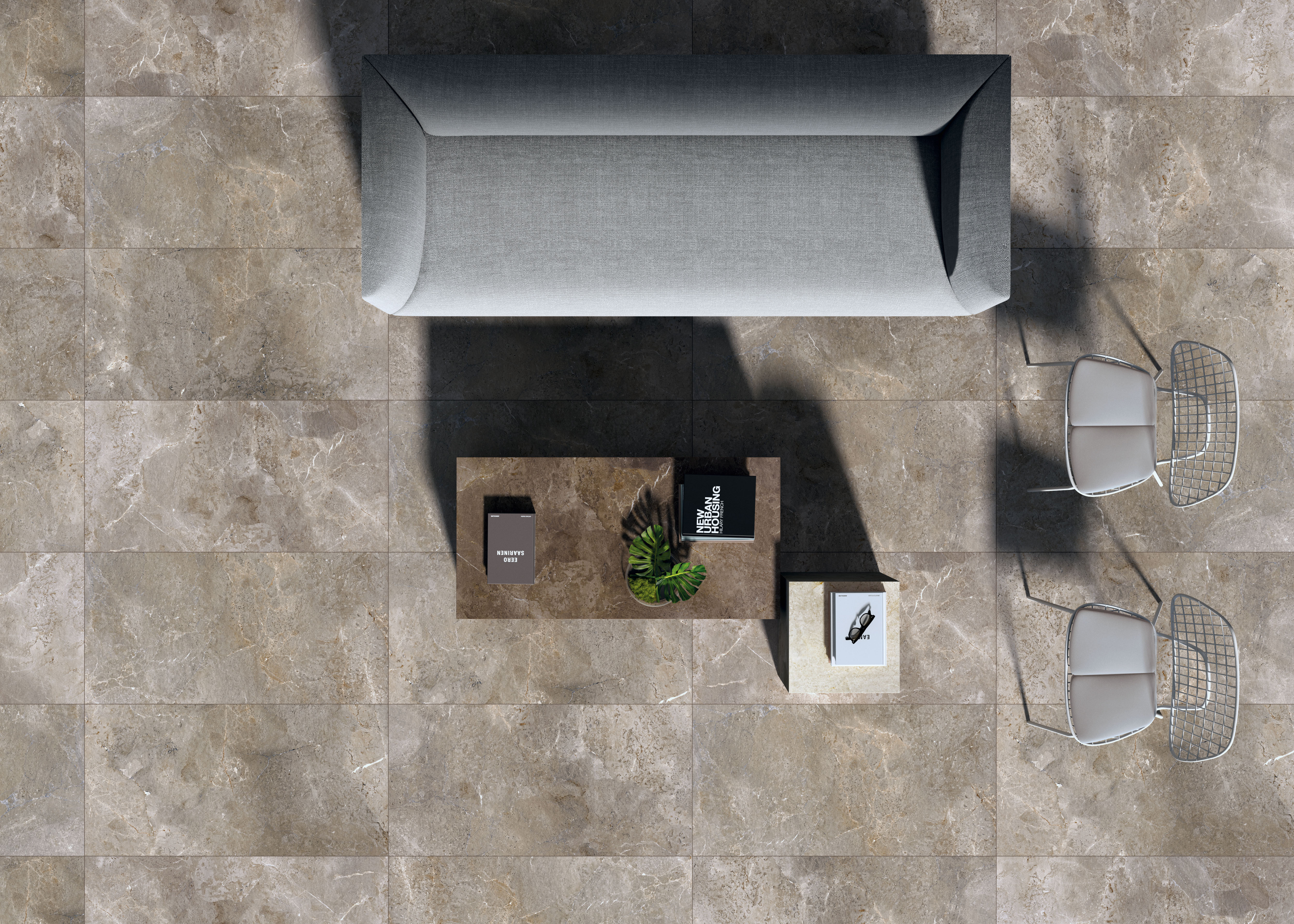 Großformatige Bodenfliesen in Grau-Braun mit eleganter Marmoroptik im Wohnzimmer.