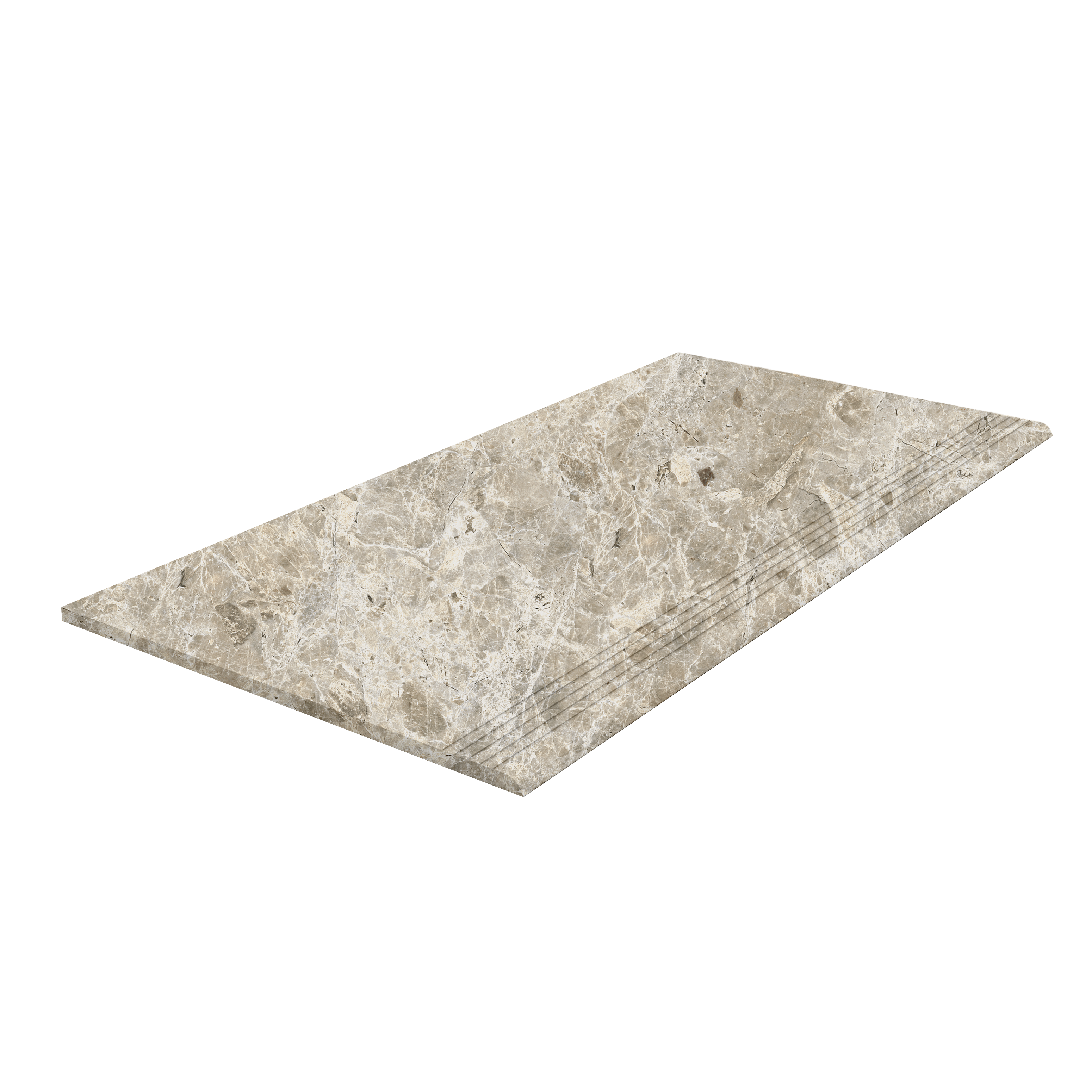 Step Estro Cream Carreau de marche beige-gris effet marbre avec rainures antidérapantes.