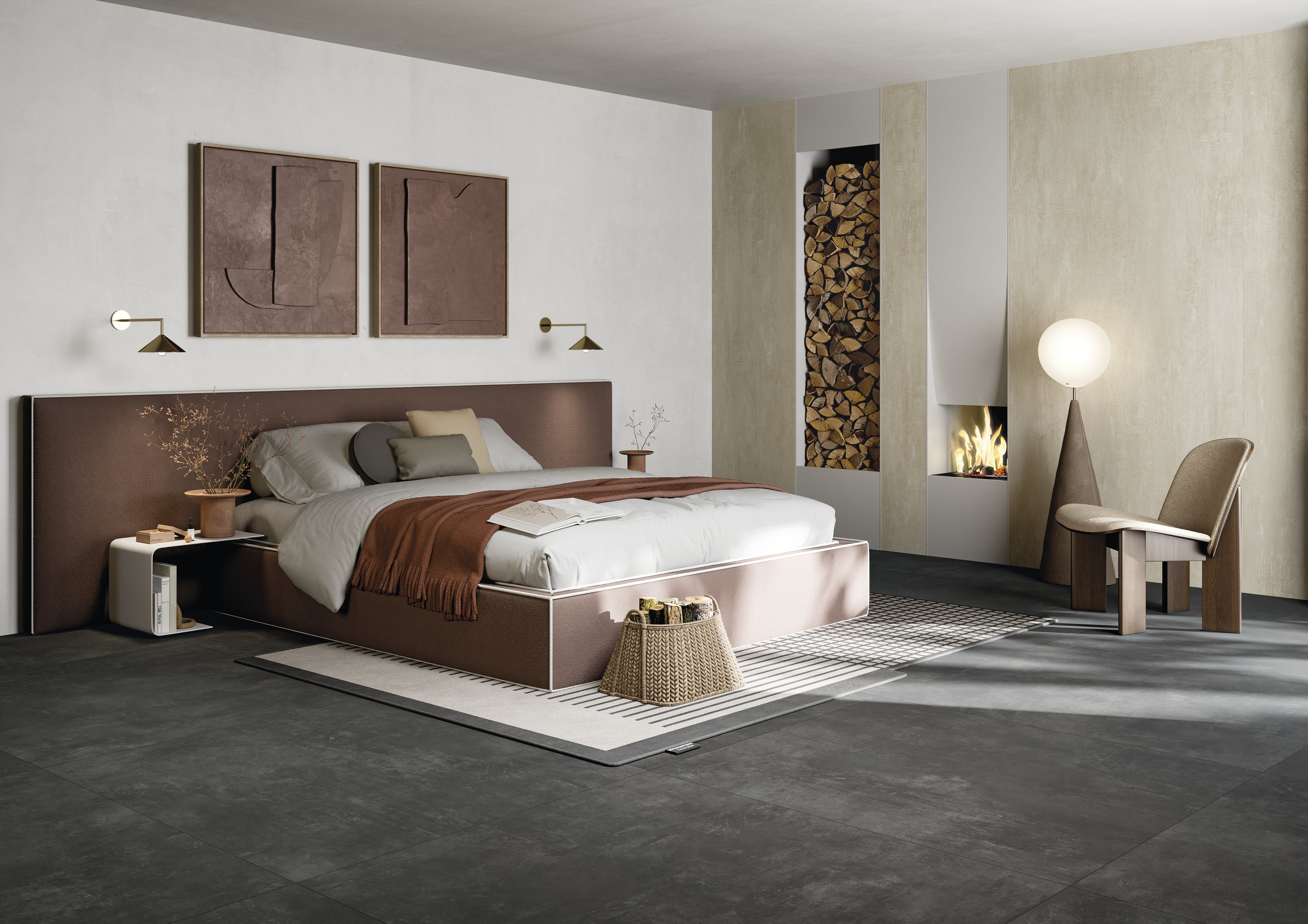 Carreaux de sol foncés de qualité dans une chambre moderne.