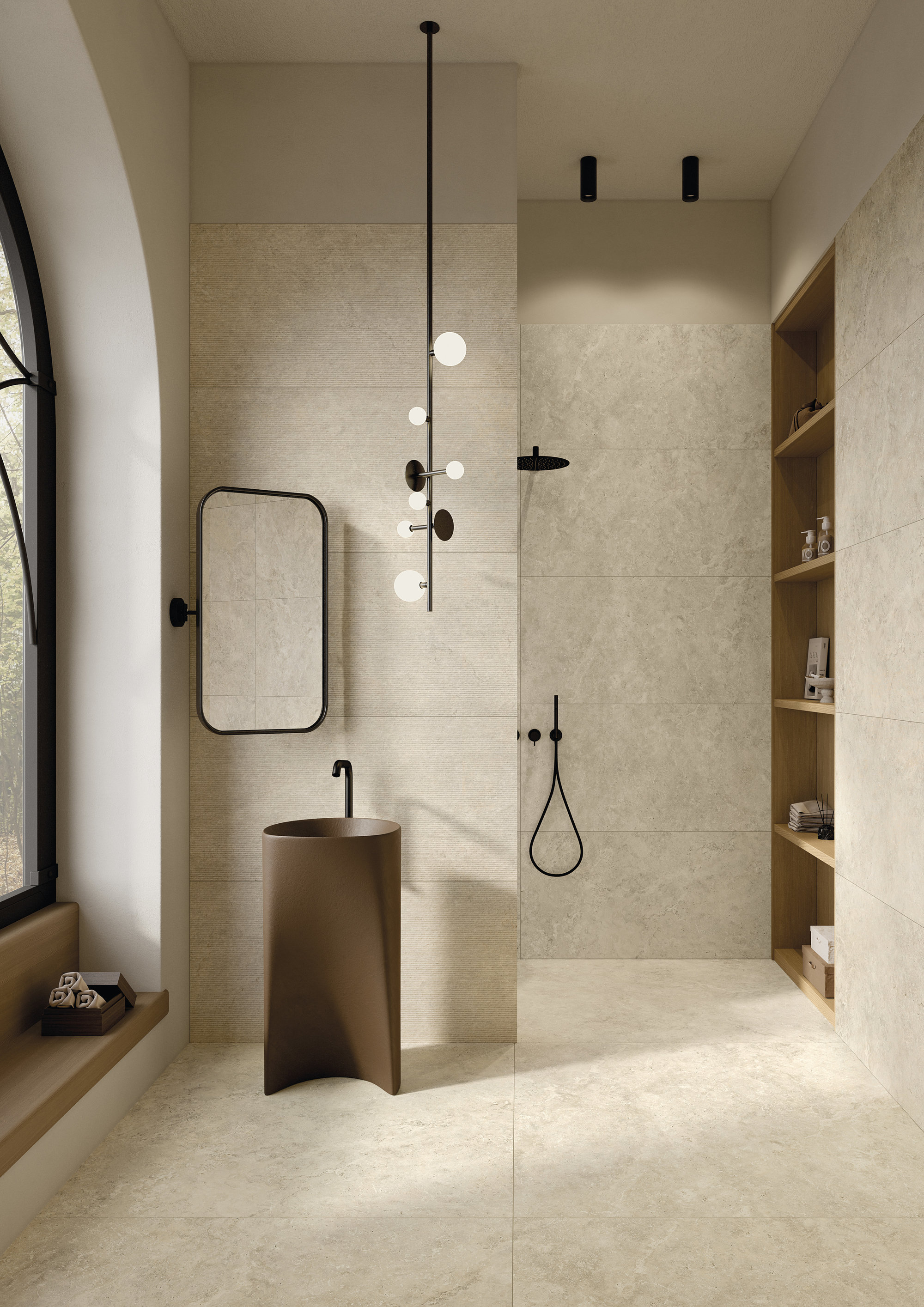 Hochwertiges Bad mit hellen, großformatigen Fliesen, modernem Design und stilvollen Armaturen.