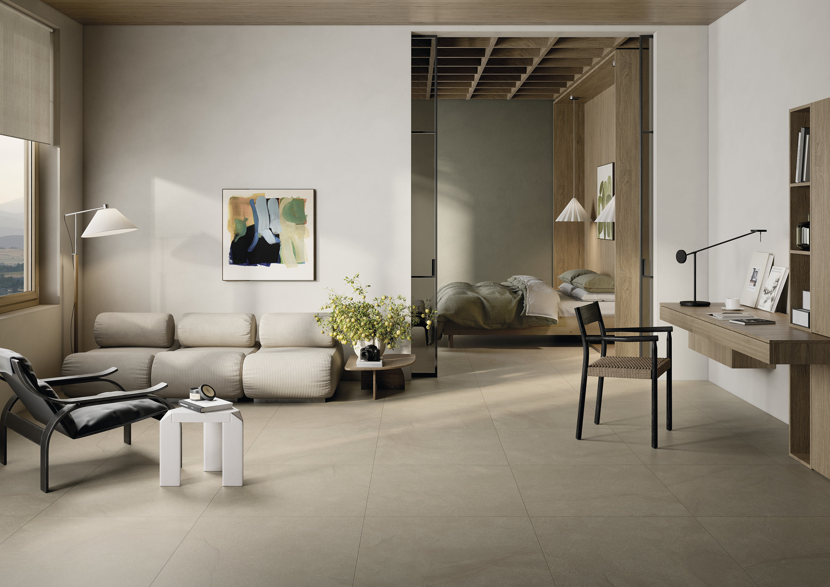 Carreaux lumineux et haut de gamme pour un espace de vie et de chambre moderne.
