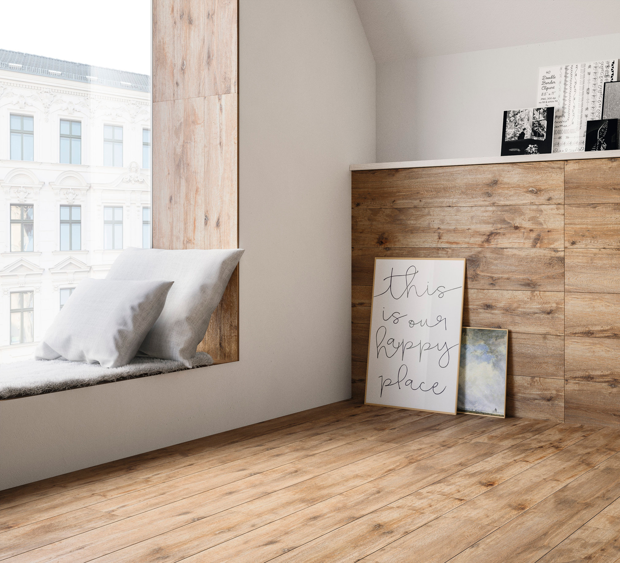 Carreaux d'intérieur effet bois au sol et au mur dans un espace de vie élégant.