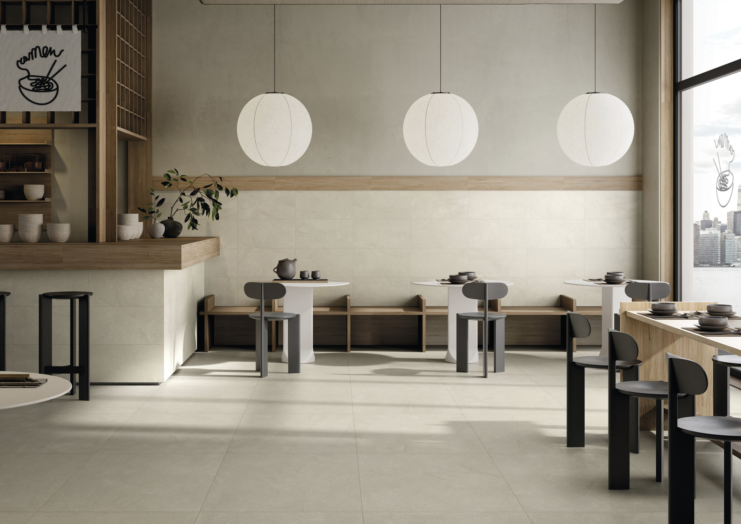 Sol carrelé clair dans un restaurant moderne, décor minimaliste et suspensions.