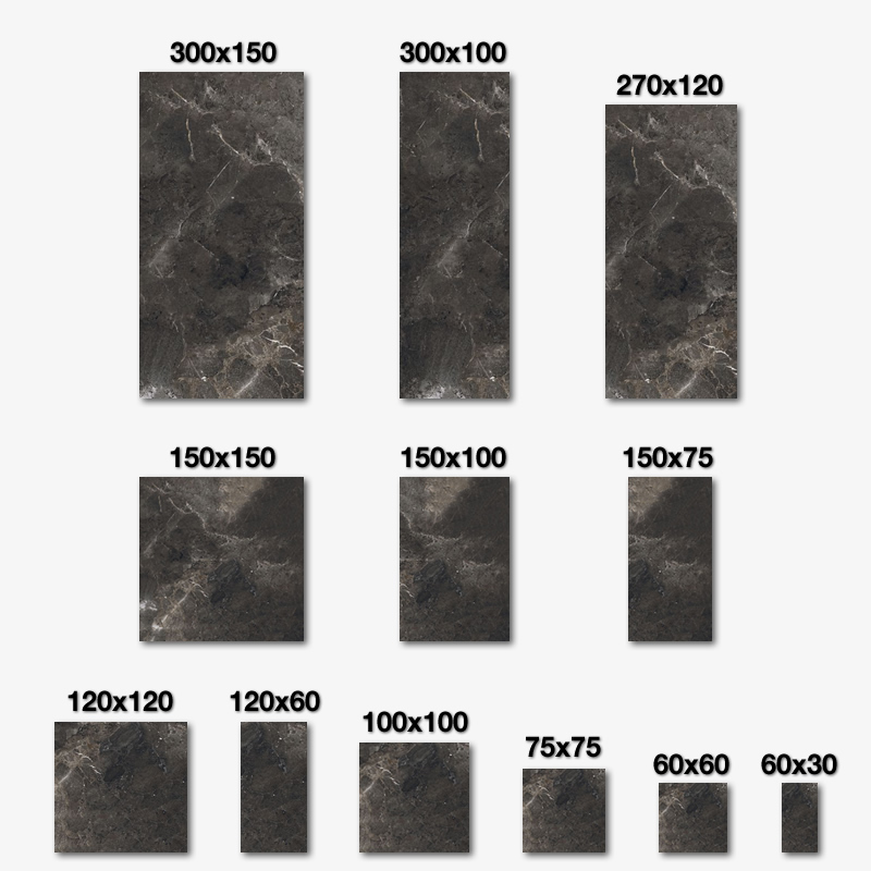 Porcelaingres carreaux gris foncé veinés, disponibles en plusieurs formats int/ext.