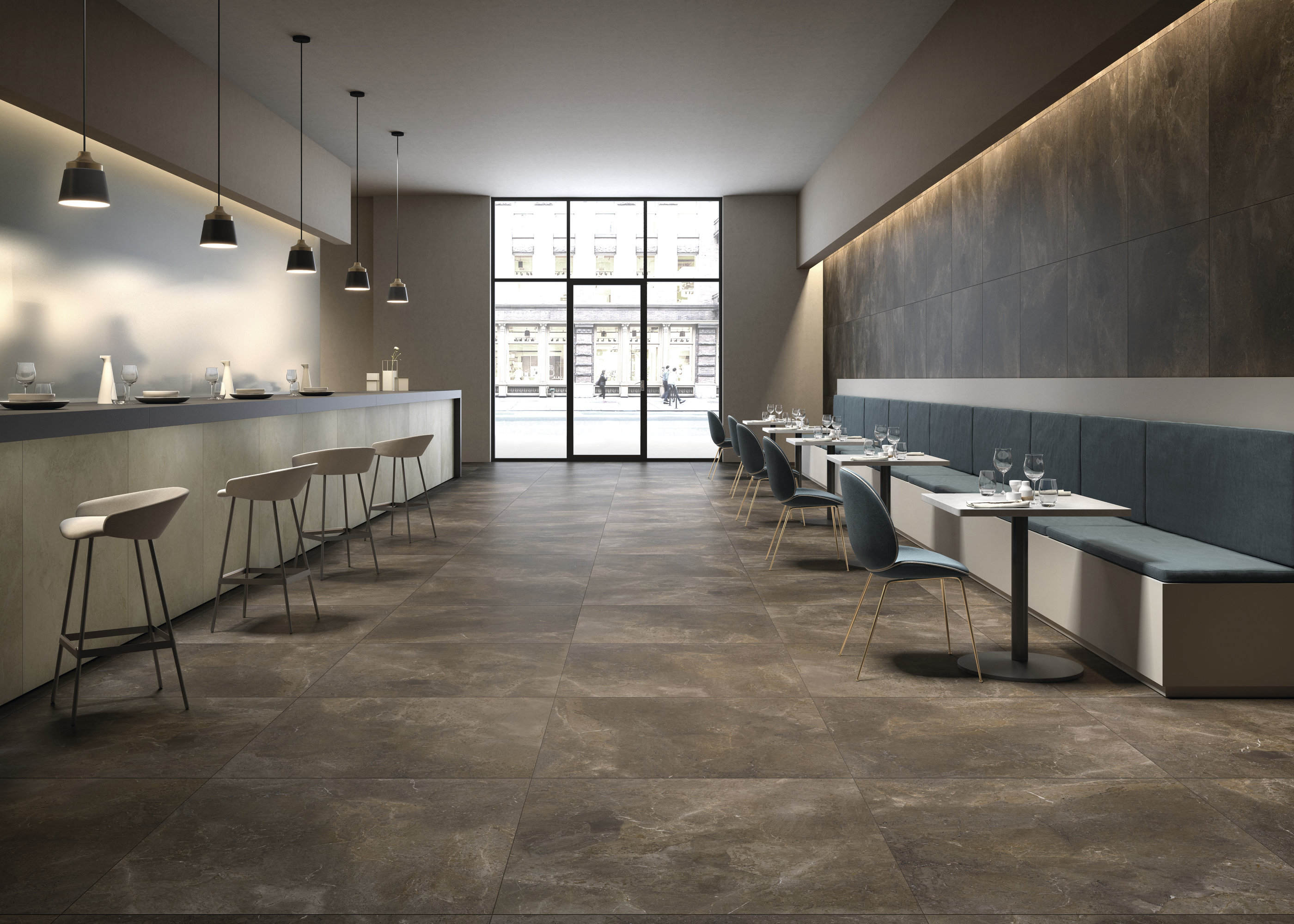 Élégants carreaux de sol grand format, sombres, pour intérieurs modernes et restaurants.