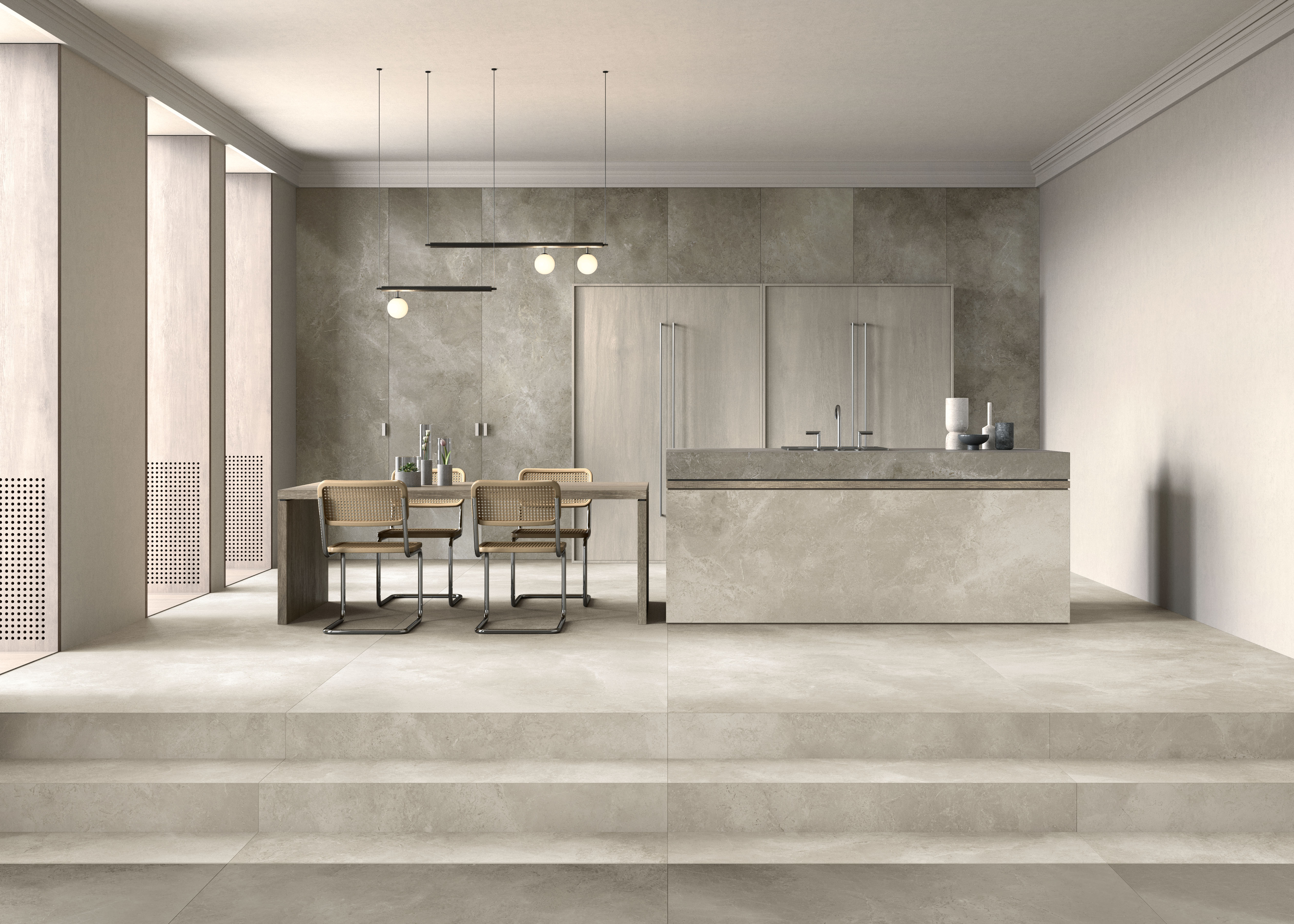 Elegante Küche und Essbereich mit großformatigen Fliesen in Betonoptik von Porcelaingres.