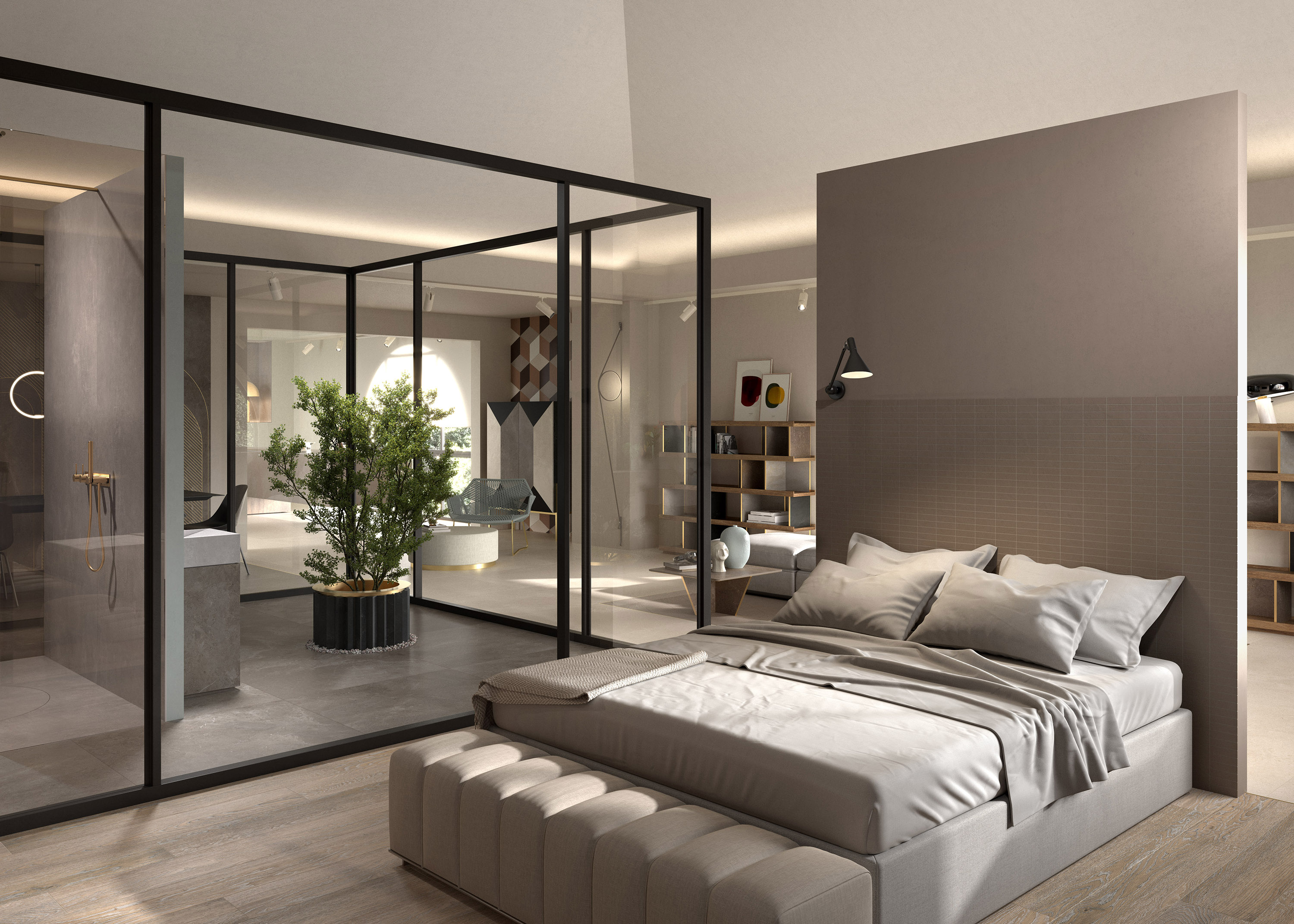 Chambre moderne avec salle de bain ouverte et élégant sol carrelé.