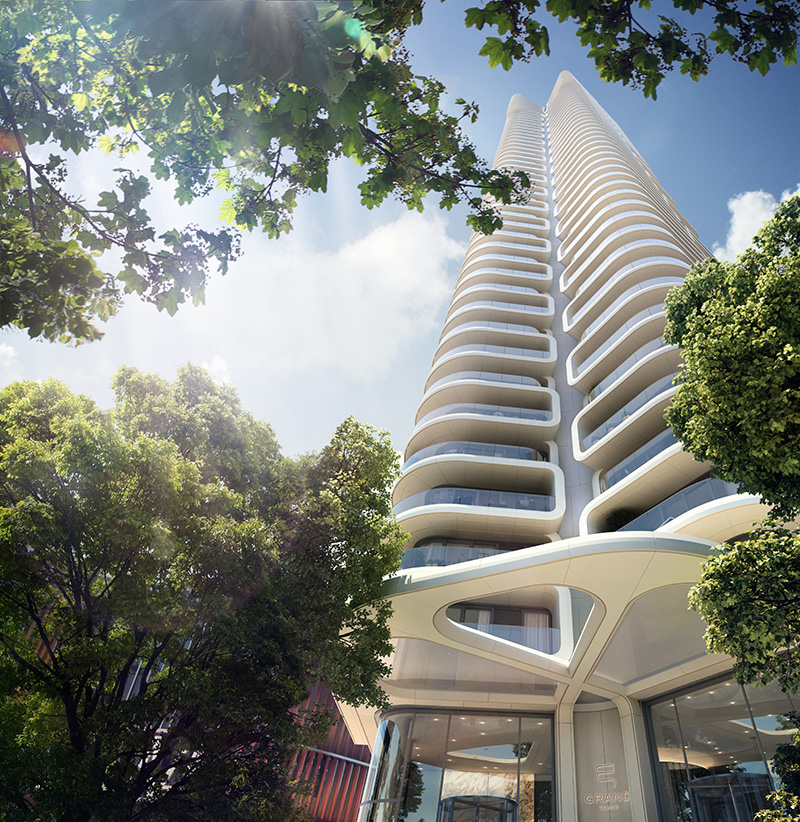 Immeuble moderne aux balcons sinueux – idéal pour nos carreaux haut de gamme.